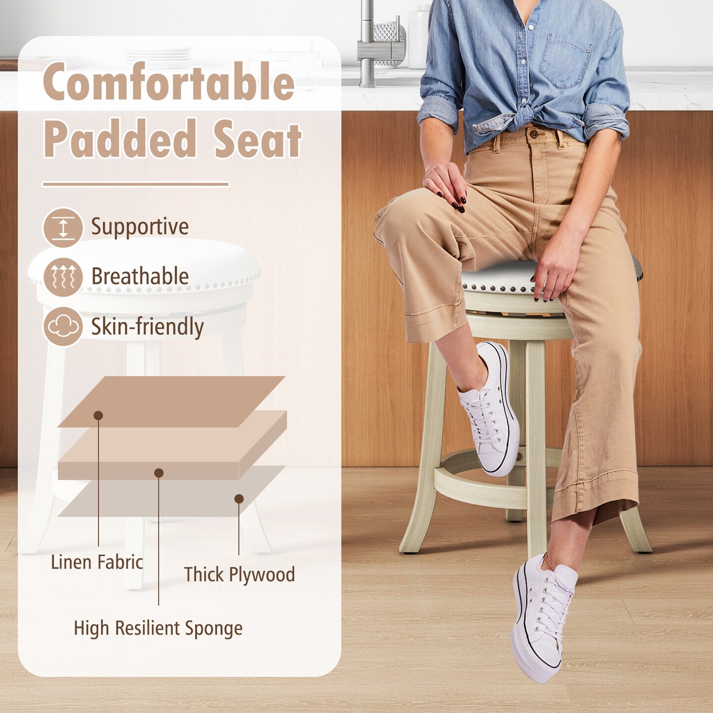 Swivel Bar Stools Set of 2 wth Wooden Frame