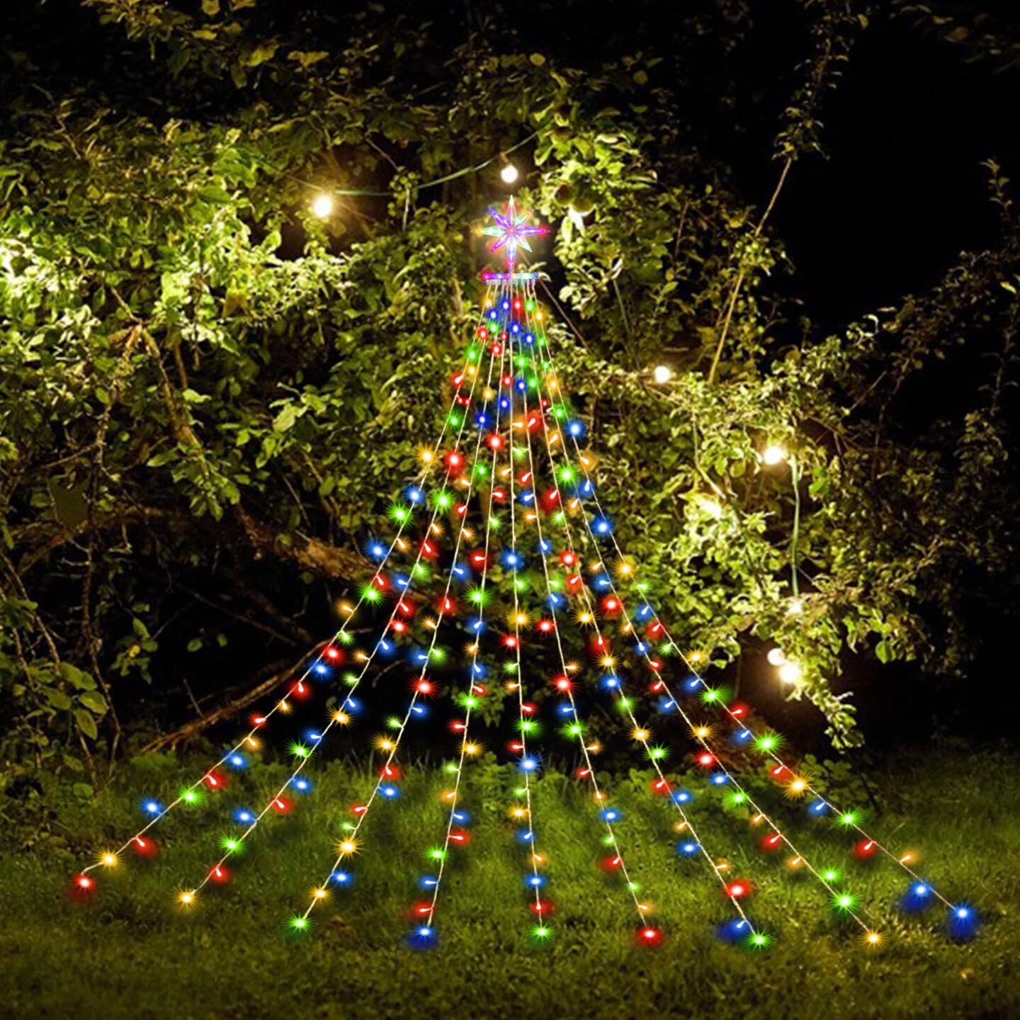 ZhenQiu Outdoor Christmas Decorations Lights, 320 LEDs Dipper Star String Lights with 13&#x22; Topper Star, Plug in Waterproof Hanging Fairy Lights for Xmas New Year Holiday Party Yard Patio Decor
