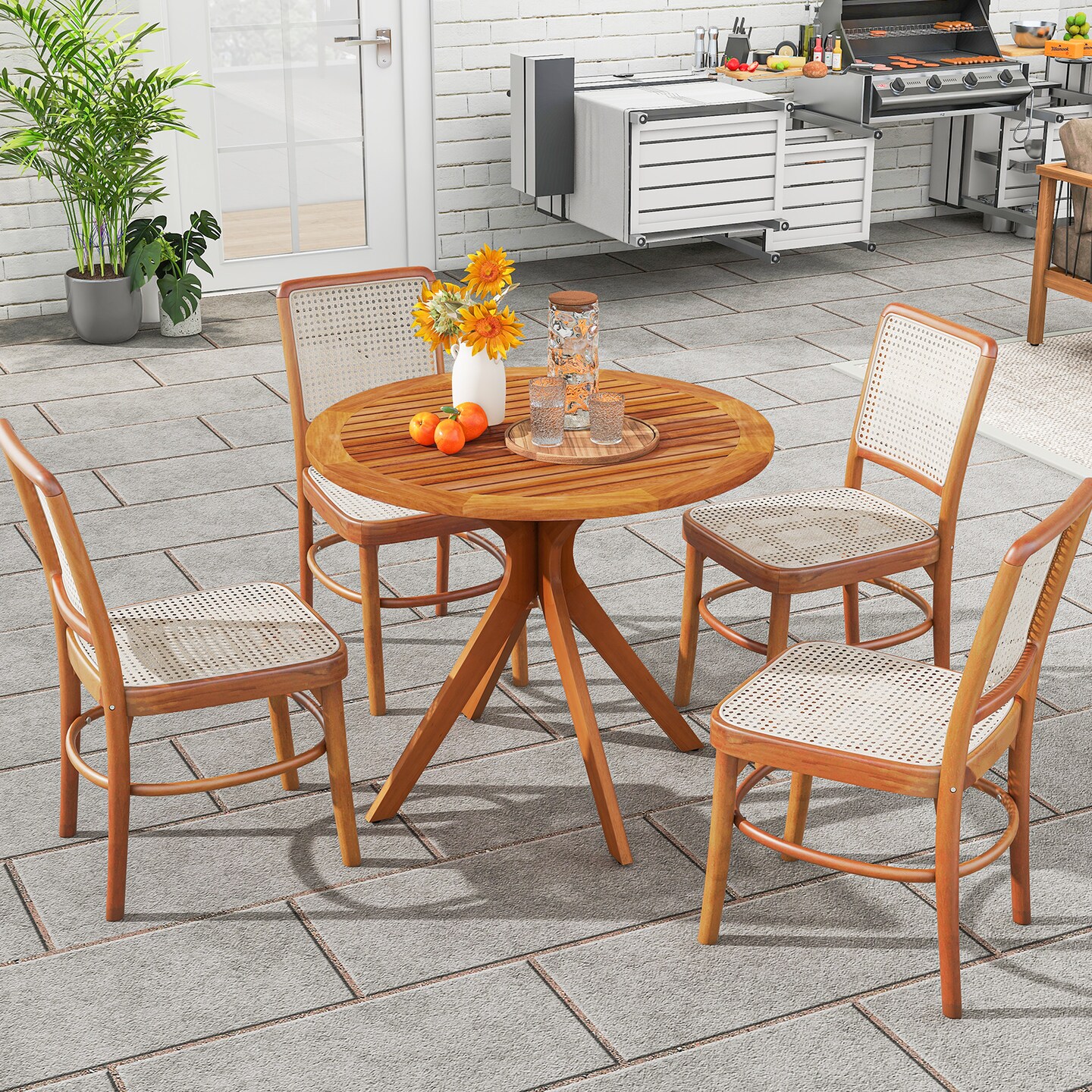 Patio Dining Table Round 35.5 Inch Eucalyptus Wood Slatted Outdoor Table Teak