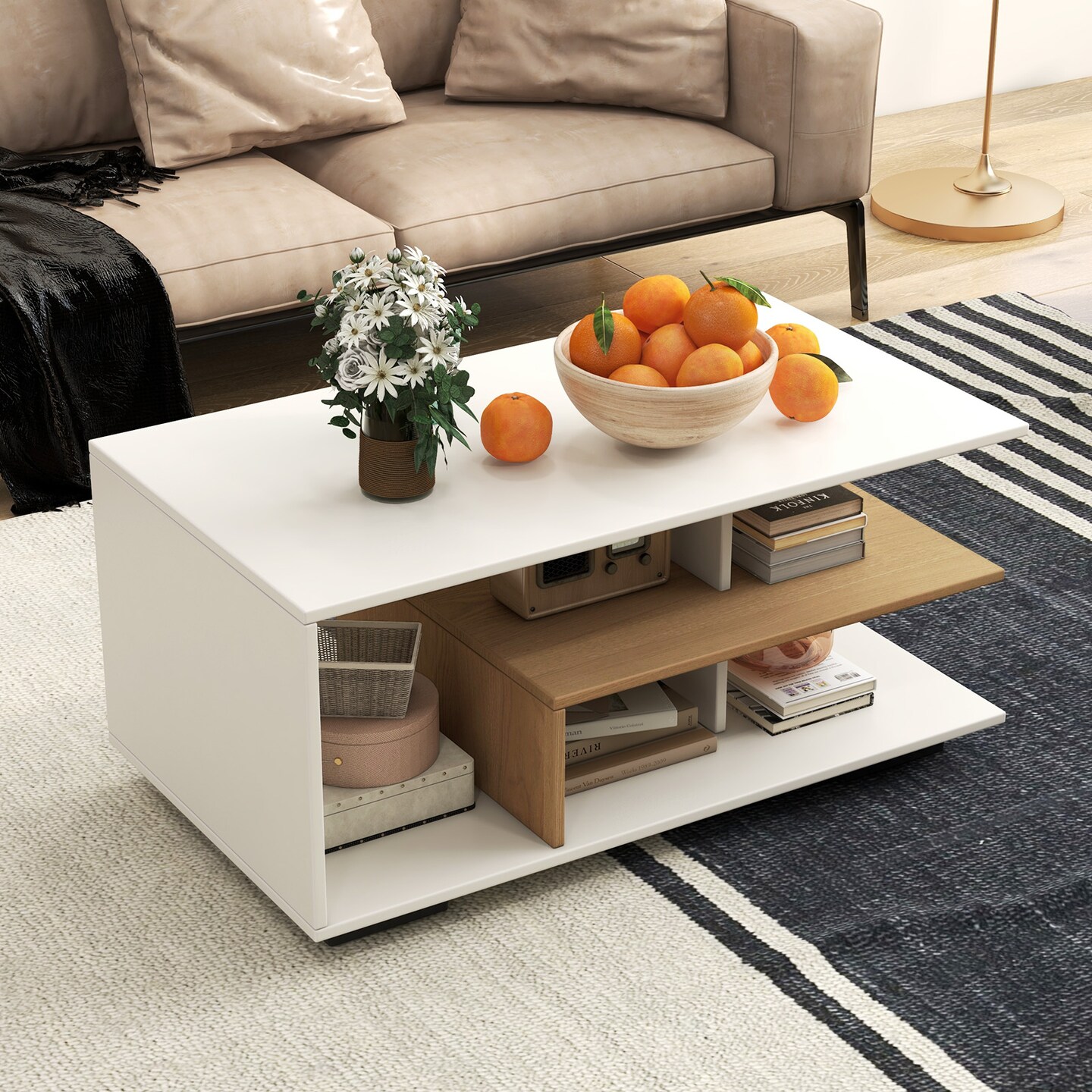 Rectangular Coffee Table with L-shaped Middle Shelf - 35.5" x 19.5" x 16.5" (L x W x H)