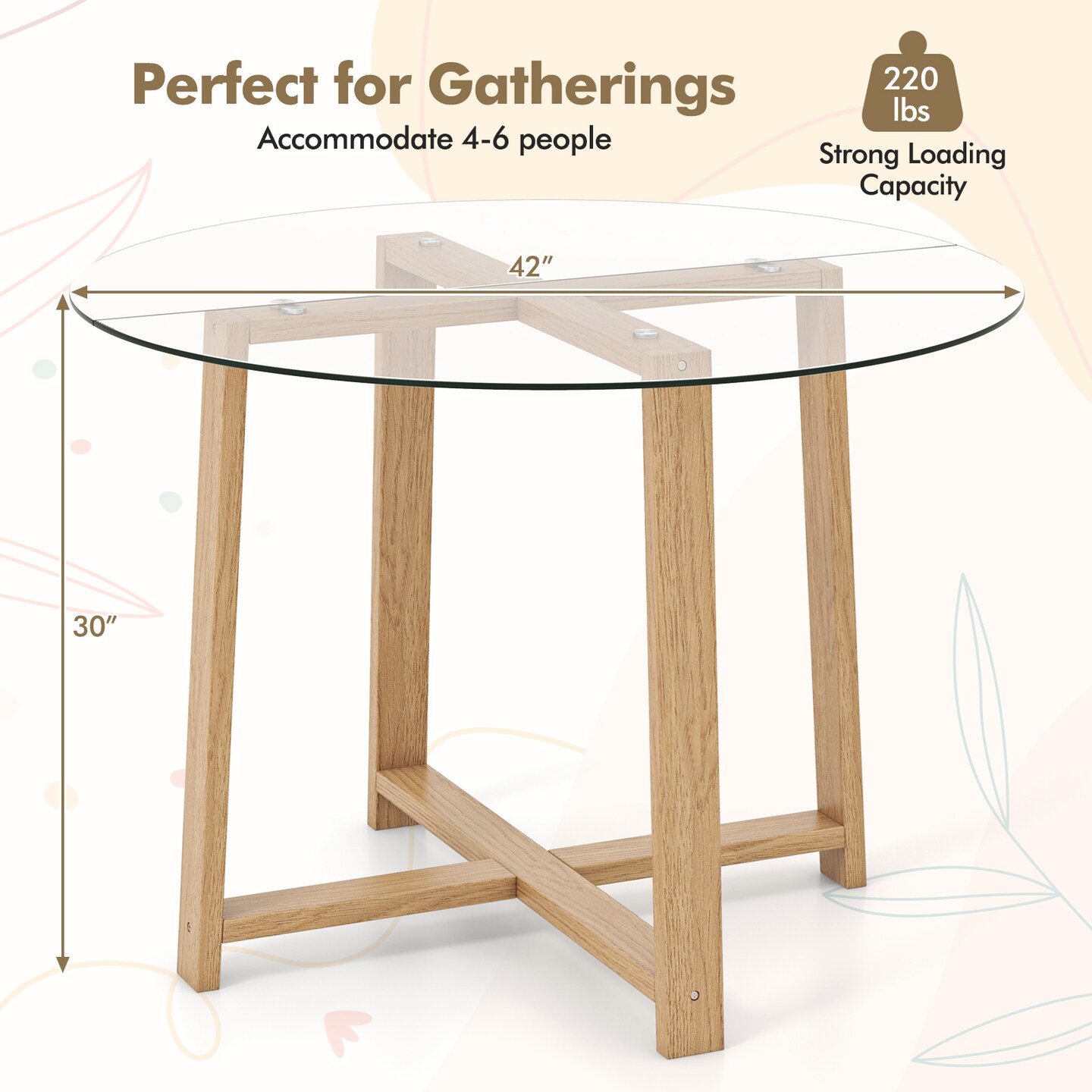 Tempered Glass Dining Table 42 Inch Transparent Rubber Wood Table