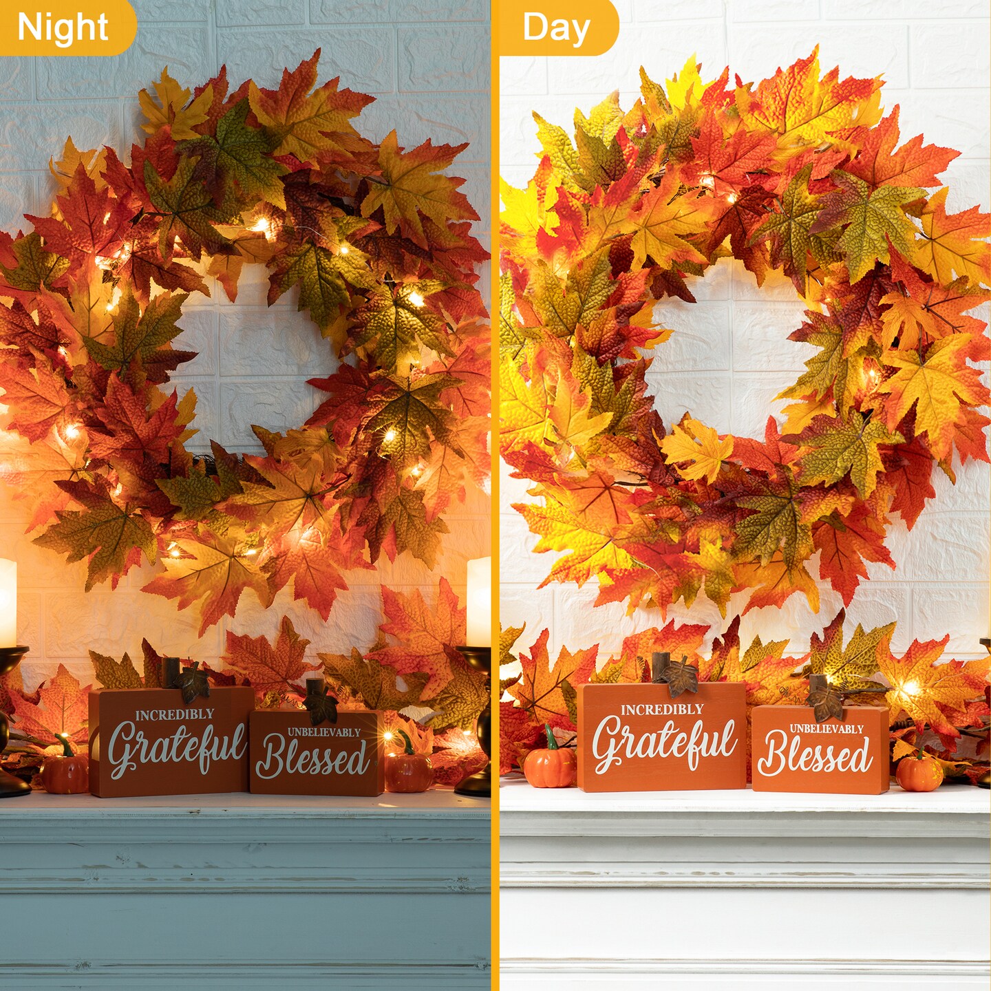 24&#x22;D Fall Lighted Maple Leaves Wreath with Timer