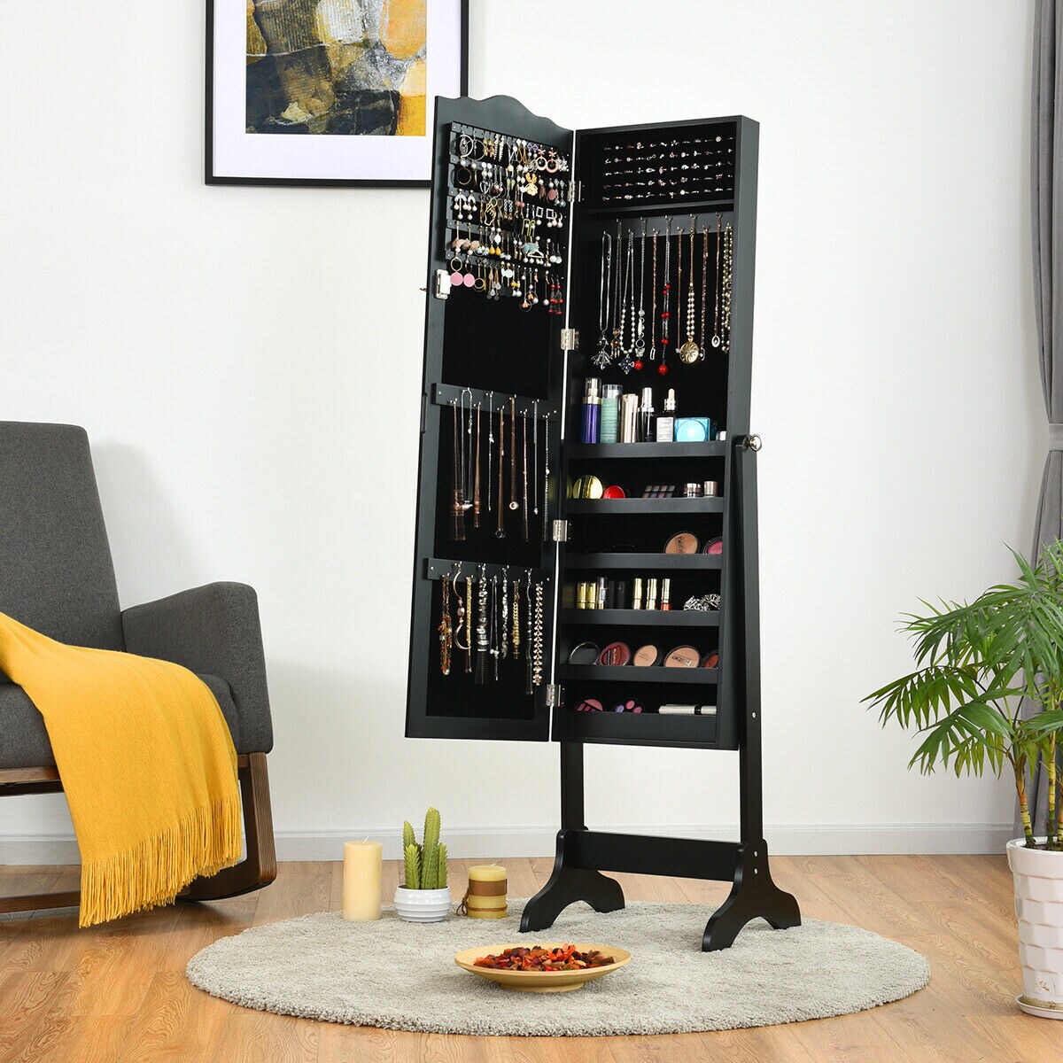 Multi-Shelf Black Jewelry Armoire with Glass Mirror Adjustable Tilt and Scratch-Resistant Lining
