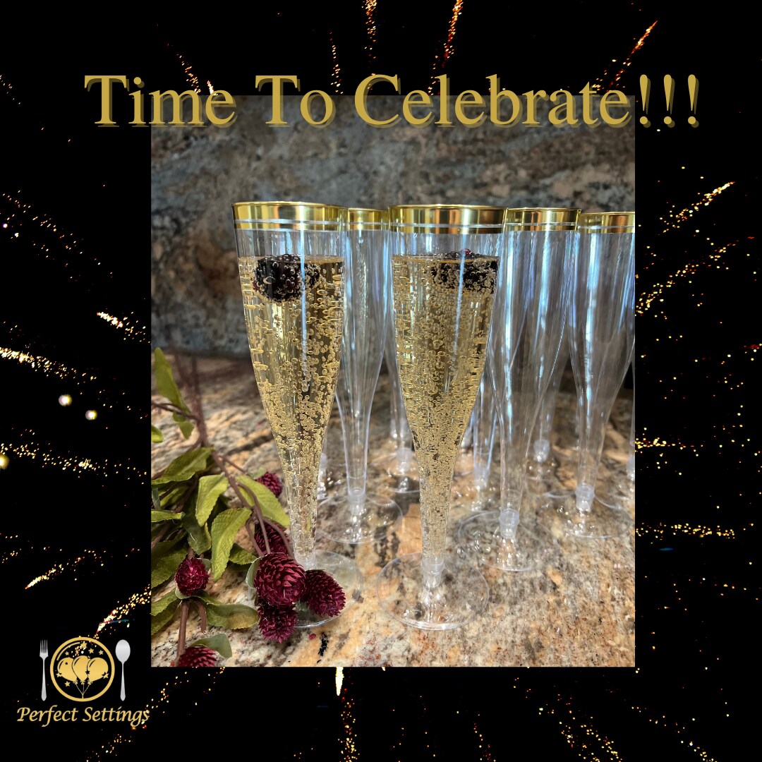 Perfect Settings 100 Pack Plastic Champagne Flutes with Gold Rim | Disposable Glasses for Parties, Mimosa Bar, Weddings and Celebrations