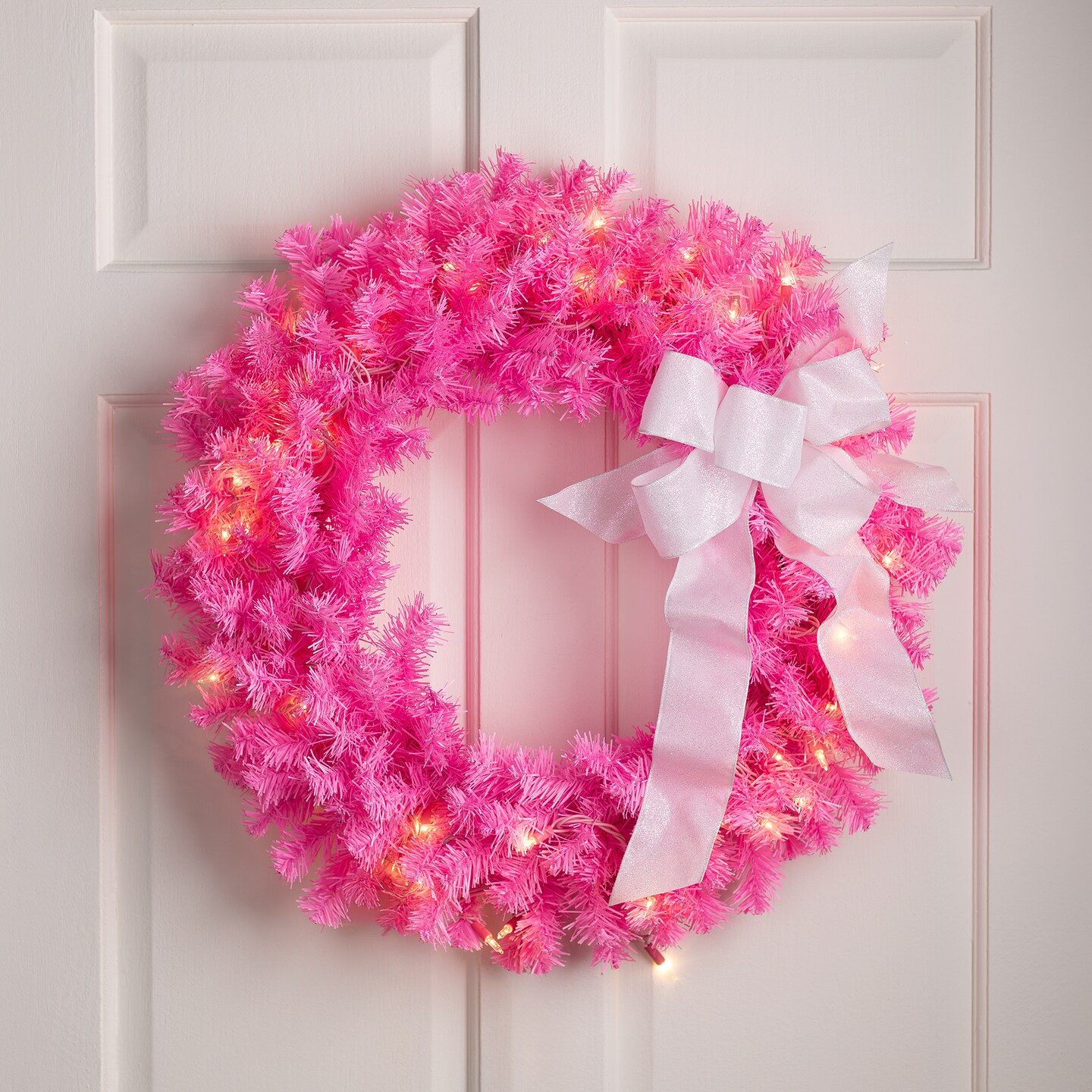 Northlight Pre-Lit Artificial Pine Christmas Wreath - 24" - Pink- Clear Lights