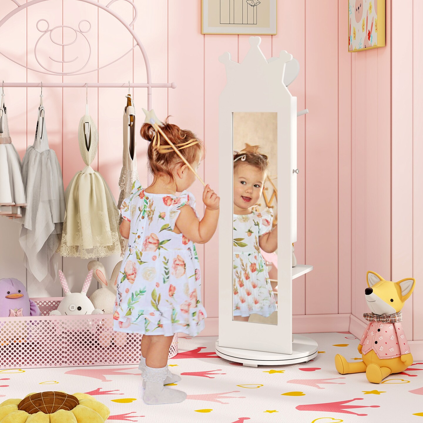 Free-Standing Full Length Mirror Kids Jewelry Armoire Cabinet - 14&#x22; L x 14&#x22; W x 44&#x22; H