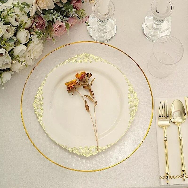 6 Clear 13 in Round Hammered Plastic CHARGER PLATES Gold Trim Party Decorations