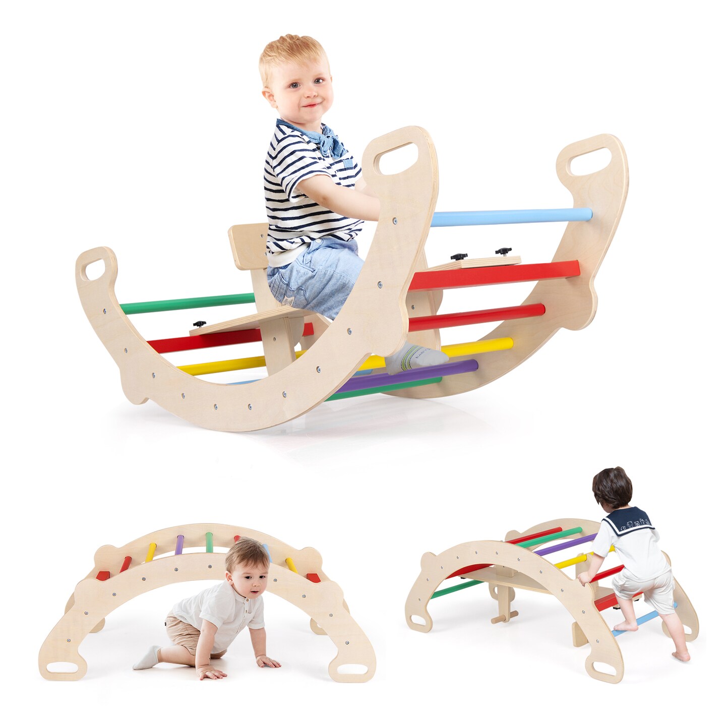 4-in-1 Multifunctional Wooden Climbing Toys with Rocker and Crawling Tunnel - 48&#x22; x 20.5&#x22; x 17.5&#x22; (L x W x H)