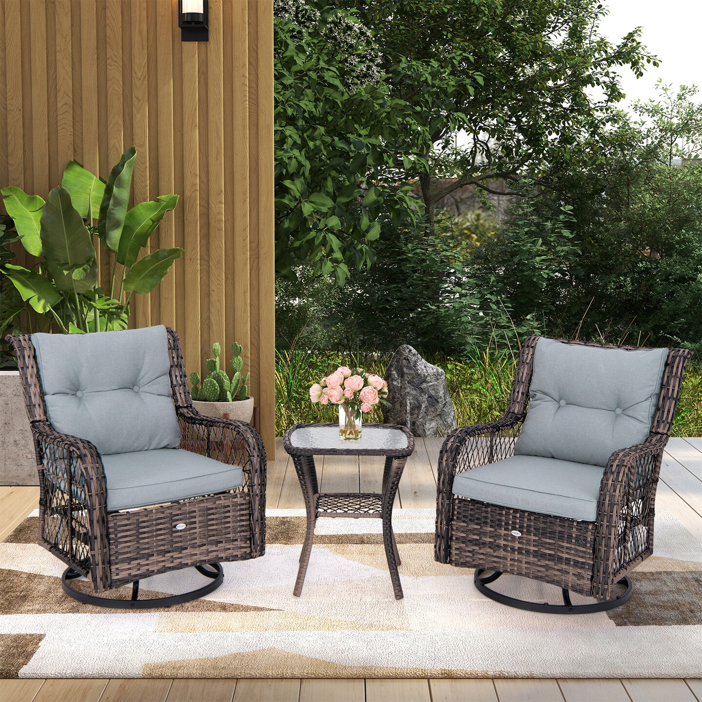 3 Pieces Outdoor Swivel Rocker Set with Small Side Table-Grey