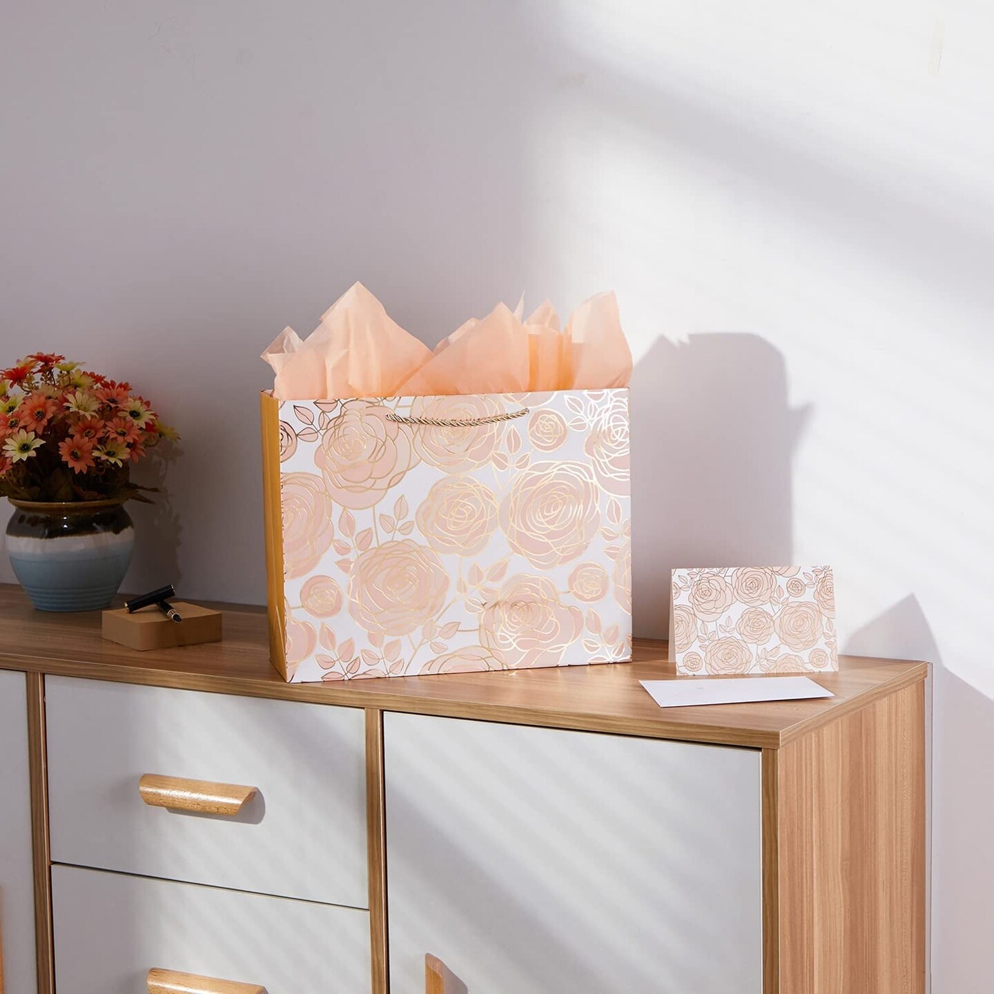 13&#x22; Rose Gold Large Gift Bag with Card and Tissue Paper
