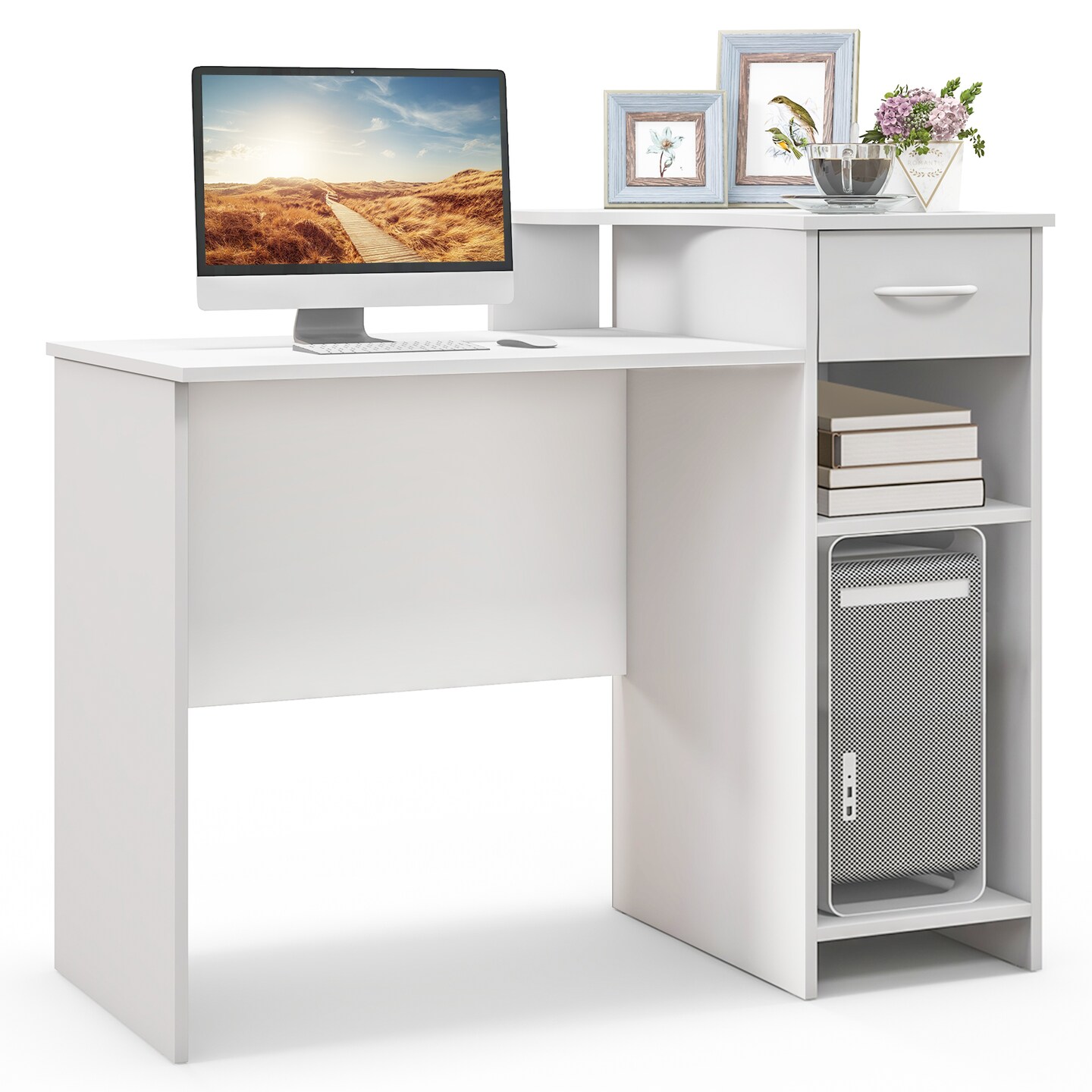 White Computer Desk with Drawer Raised Platform Adjustable Shelf Workstation