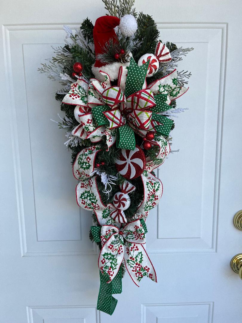 Holiday door swag, Vertical Christmas wreath, teardrop Christmas