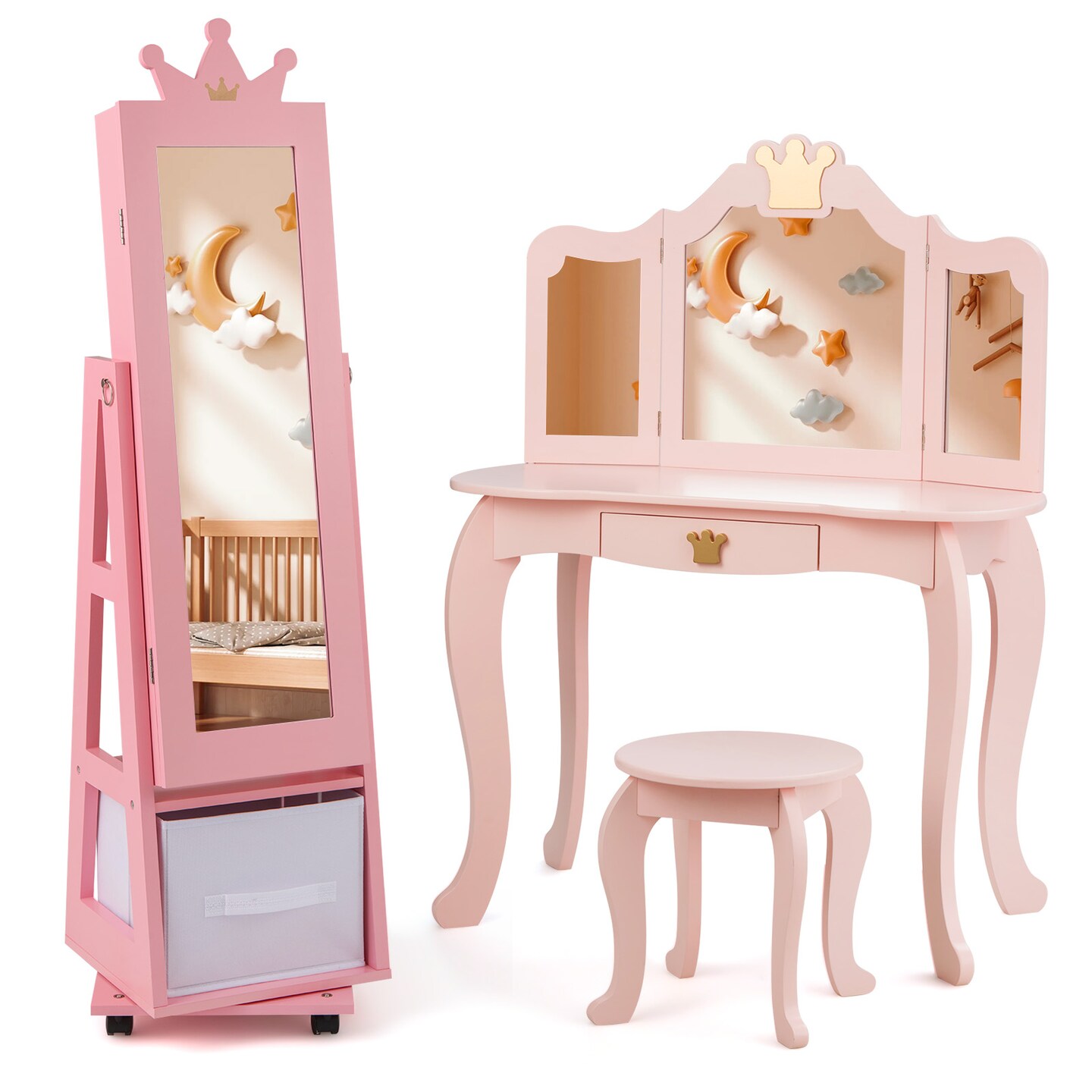 Kids Jewelry Armoire Cabinet with Swivel Base and Lockable Universal Wheels