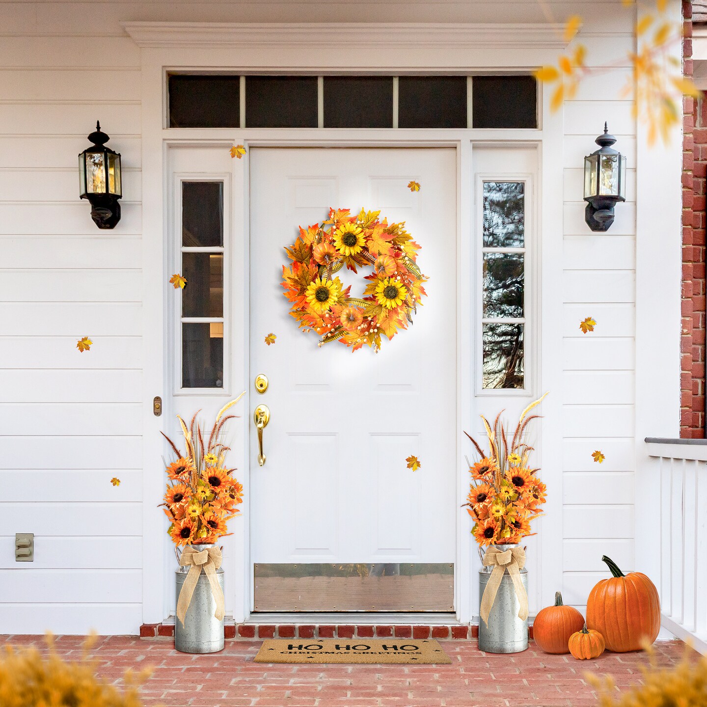 Set of 2 Fall Sunflower Leaf Potted Tree Thanksgiving Porch Decor