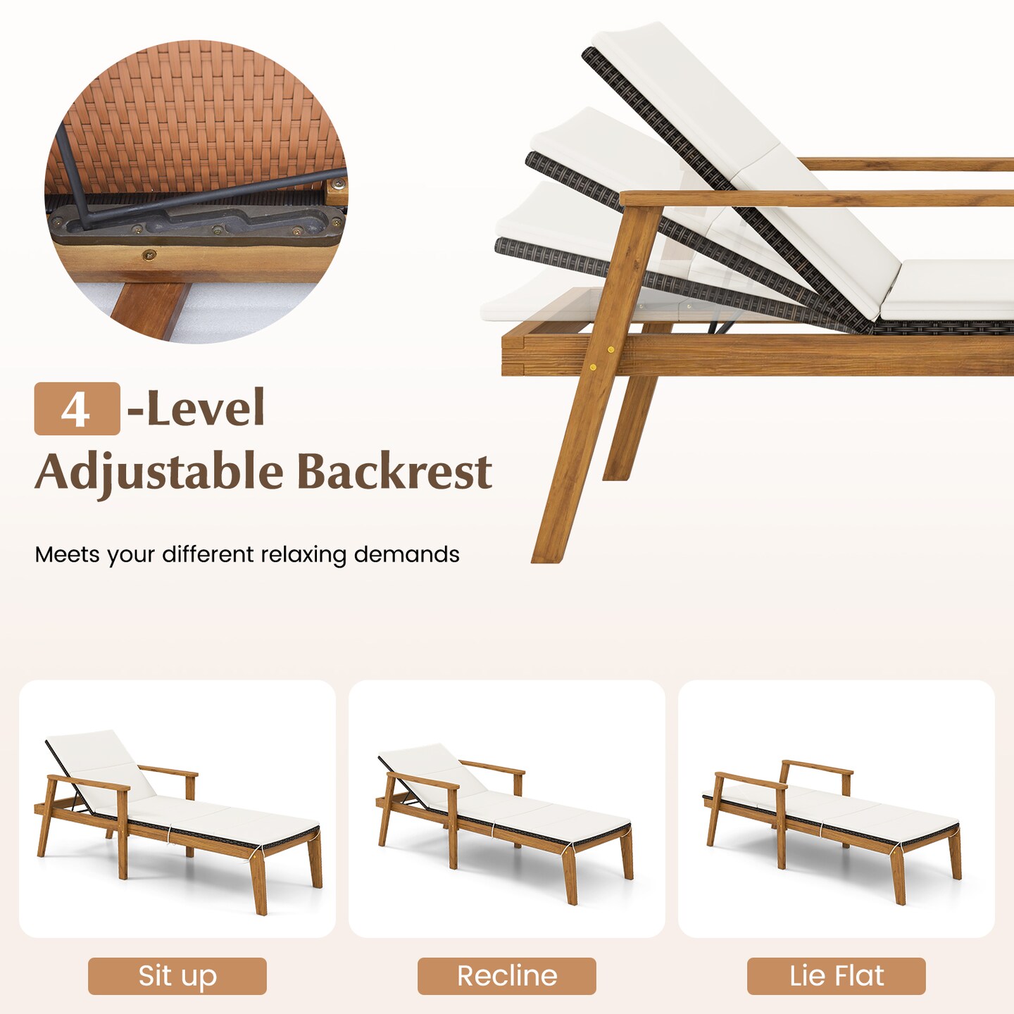 Outdoor Chaise Lounge Acacia Wood PE Rattan Adjustable Recliner Patio Lounger Beige Cushion