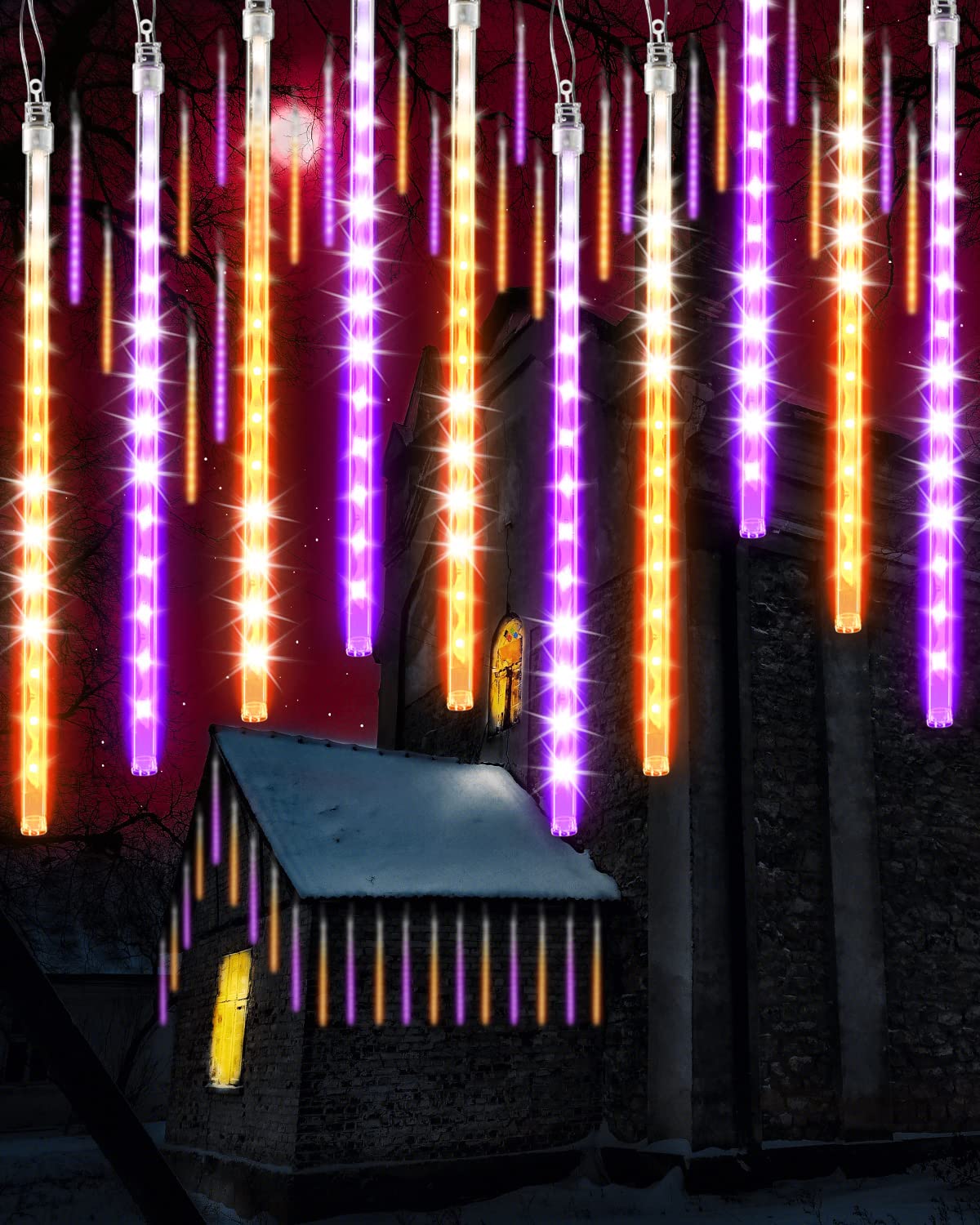 Halloween Lights Outdoor 10 Tubes 240 LED Raindrop Lights Meteor Shower Icicle Lights with Timer Function Cascading Lights Falling Rain Lights for Halloween Orange Purple