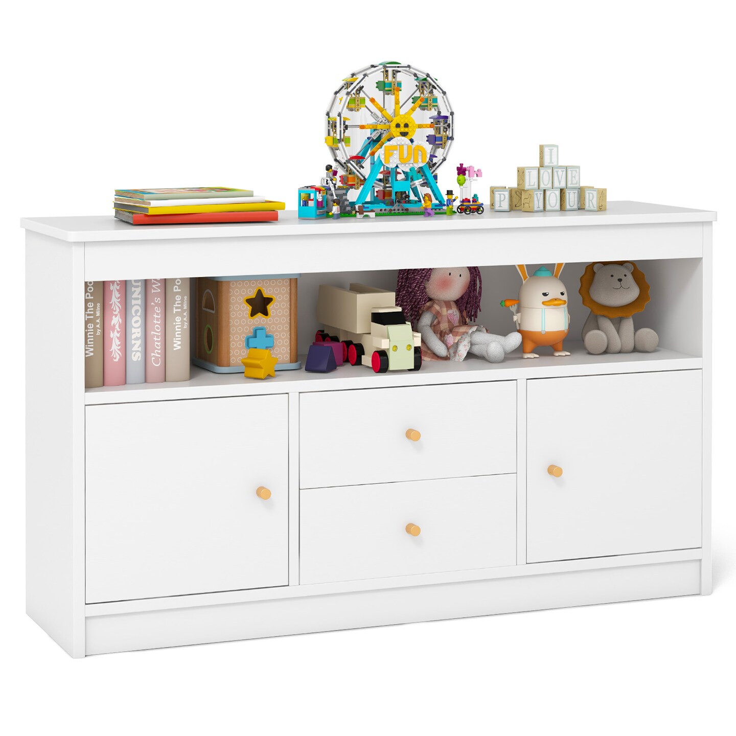 White Kids Toy Storage Organizer with Open Shelf and 2 Drawers for Playroom - 42&#x22; x 12&#x22; x 24.5&#x22;