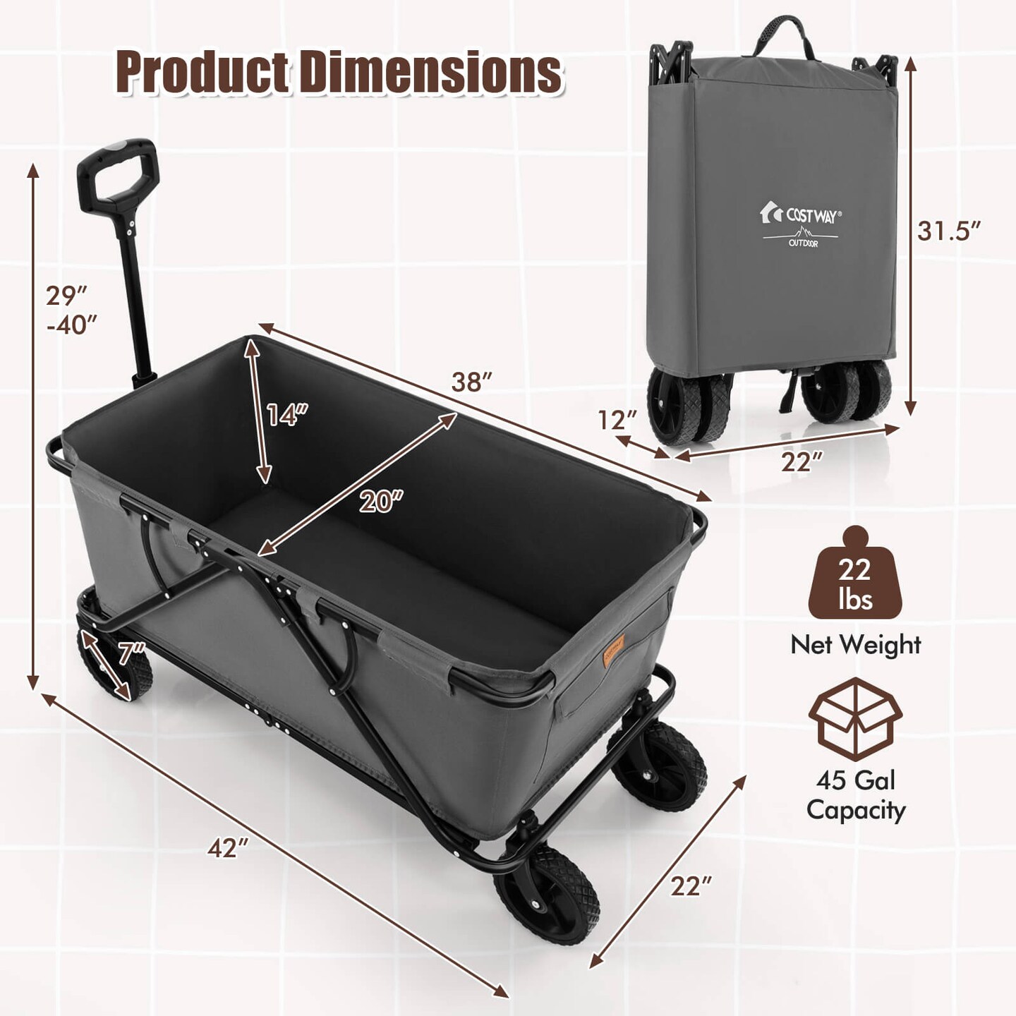 Costway Heavy-Duty Wagon Cart with Adjustable Handlebar Bottle Holders & Storage Pocket Coffee/Grey