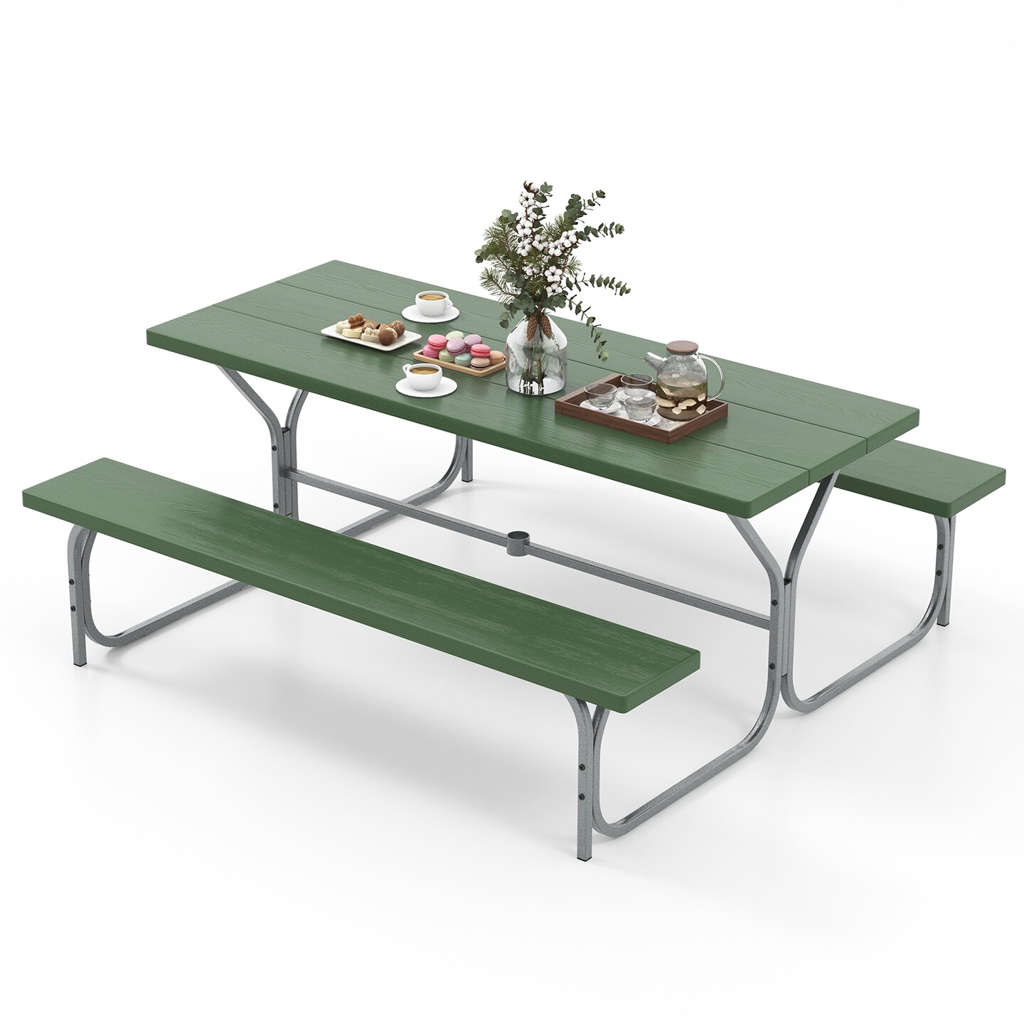 6 FT Picnic Table Bench Set Dining Table and 2 Benches with Metal Frame and HDPE Tabletop