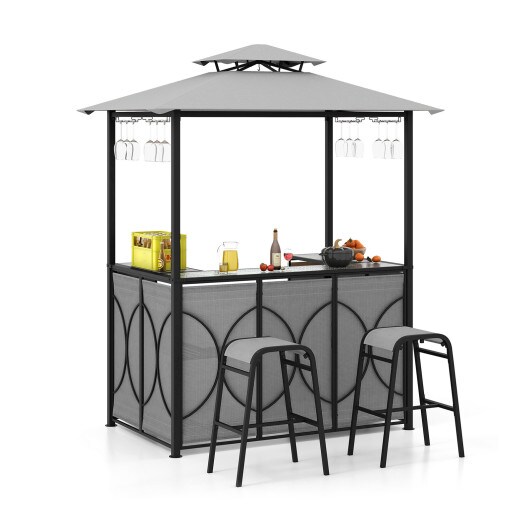 3-Piece Patio Bar Set Grill Gazebo & 2 Bar Stools with Tempered Glass Bar Table