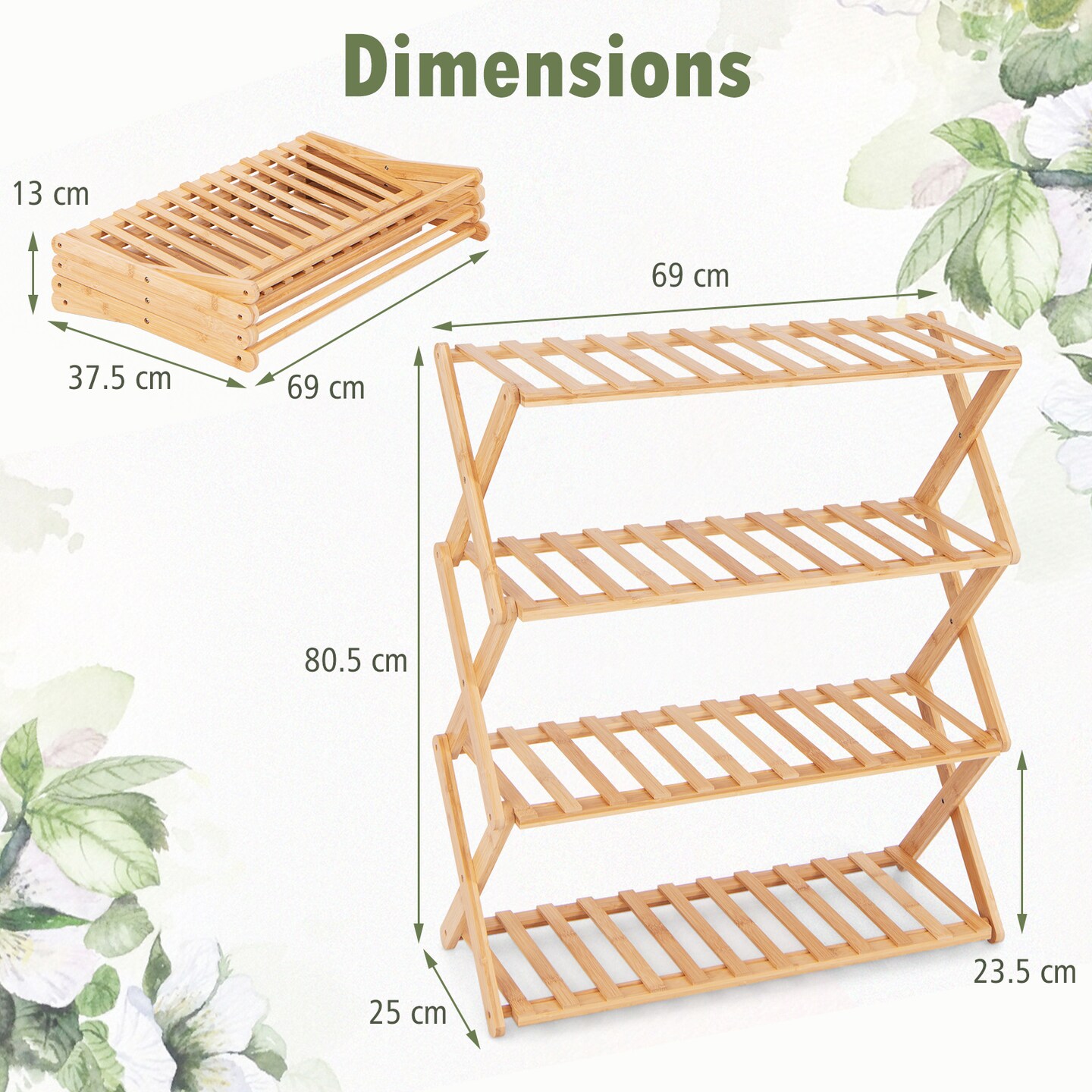 4-Tier Foldable Wicker Shoe Rack with Slatted Shelves - 27" x 10" x 32" (L x W x H)
