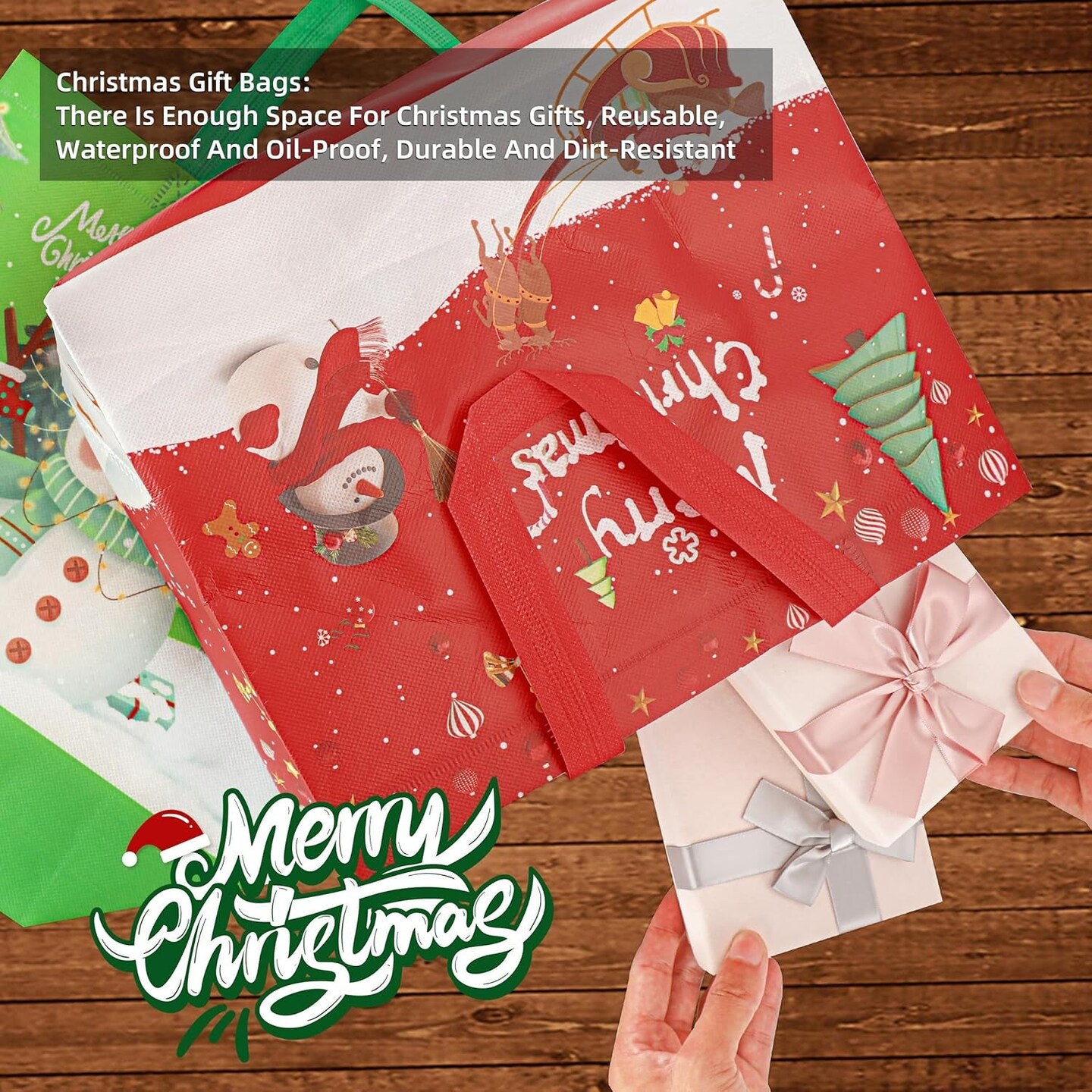 Christmas Gift Bags,9 Pcs Christmas Tote Bags with Handles for Shopping,Grocery Bags,Gifts Wrapping,Christmas Party Supplies Decorations,12.7&#x22;*9.8&#x22;*6.7&#x22; Reusable Gift Bags.