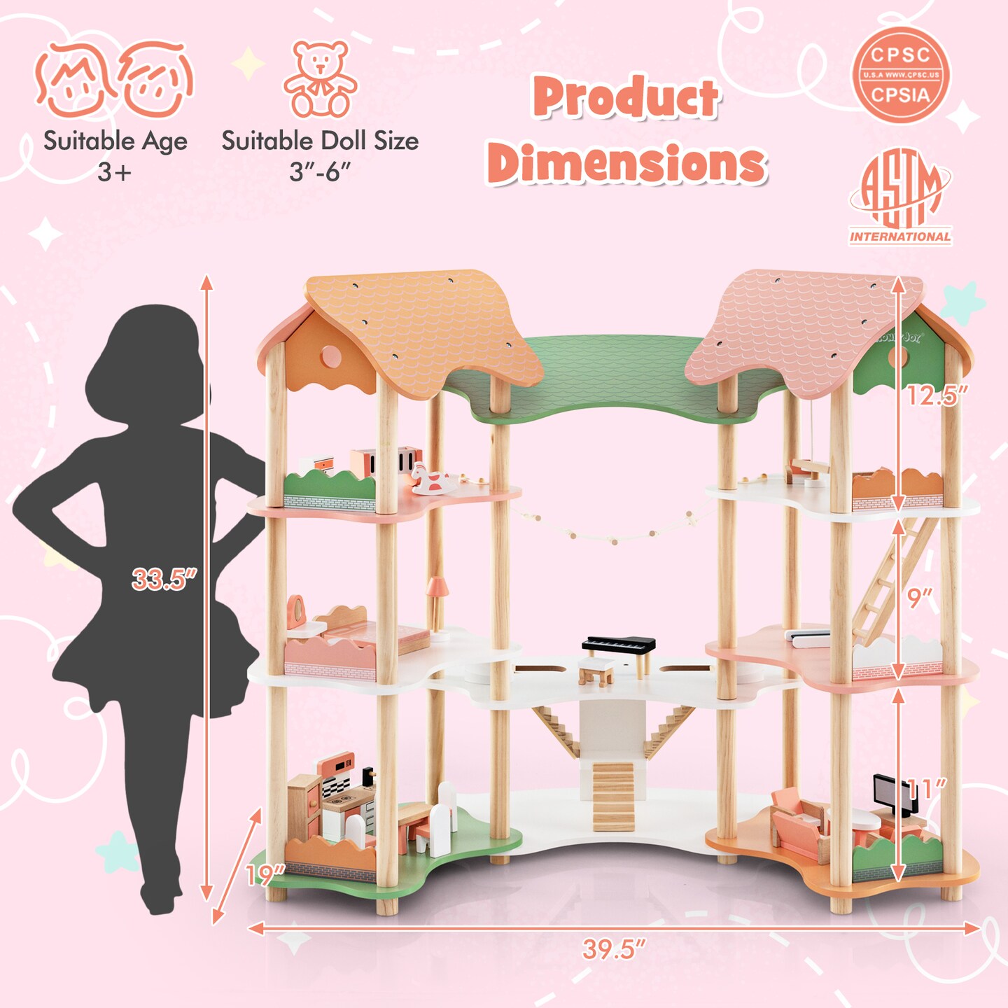 3-Tier Wooden Dollhouse for Kids Aged 3-8 Years Old with 32 Pieces of Accessories - 39.5" x 19" x 33.5" (L x W x H)