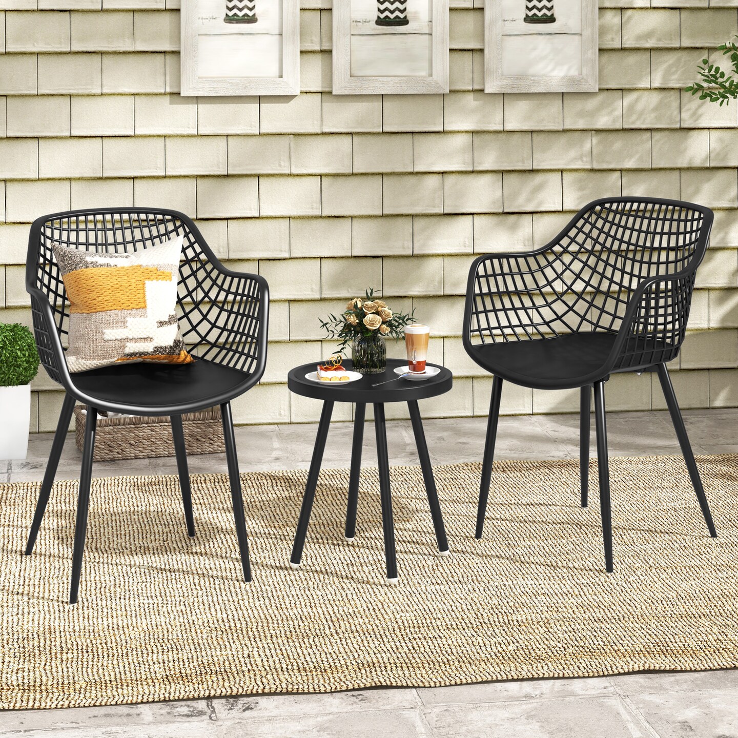 3 Piece Outdoor Bistro Set Patio Chairs with Coffee Table Metal Frame