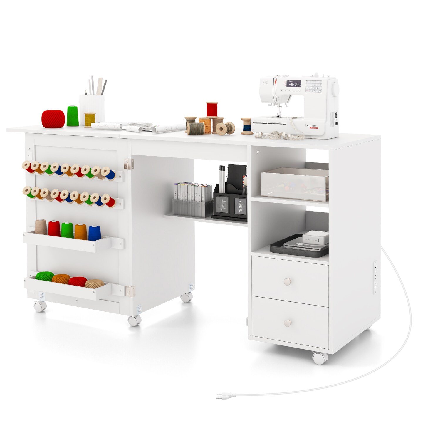 Folding Sewing Table with Storage Shelves and Charging Station