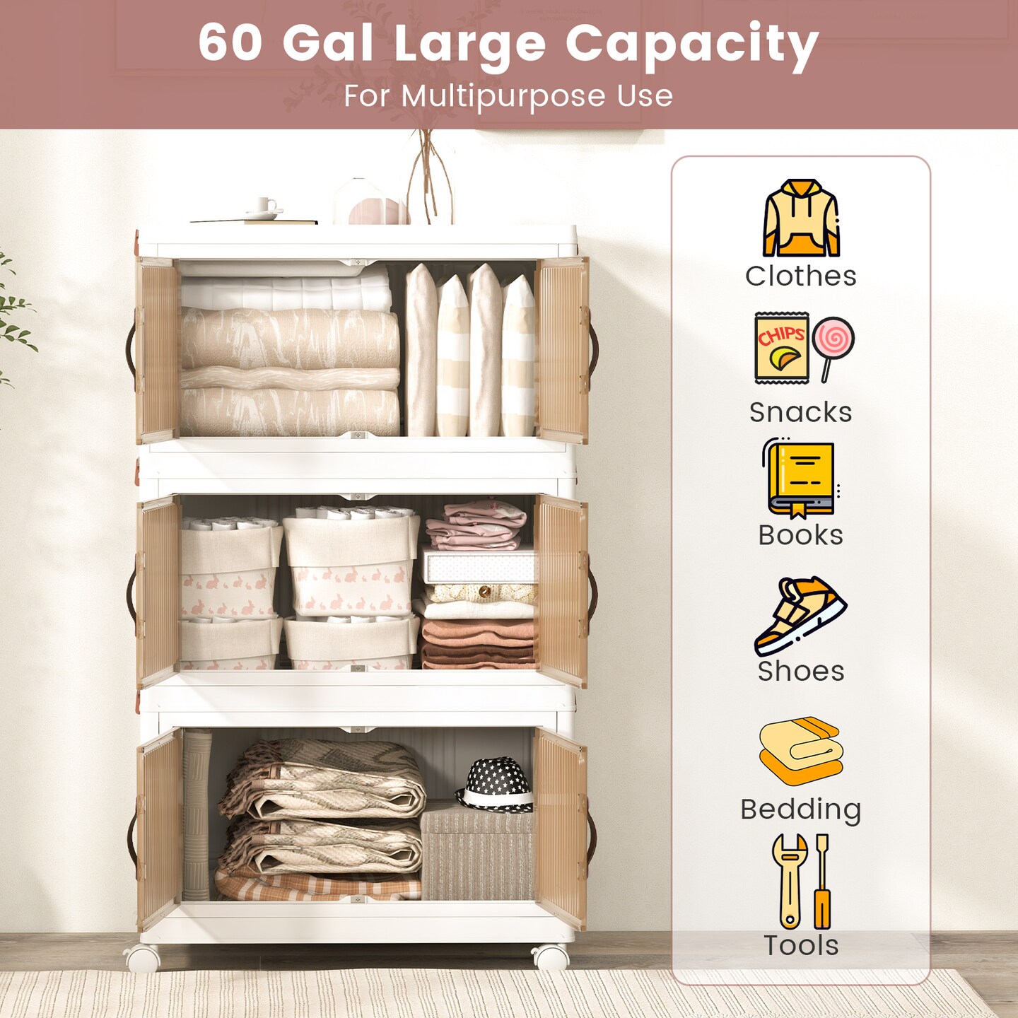 3-Tier Stackable Storage Boxes Bins with Magnetic Doors and Lockable Casters