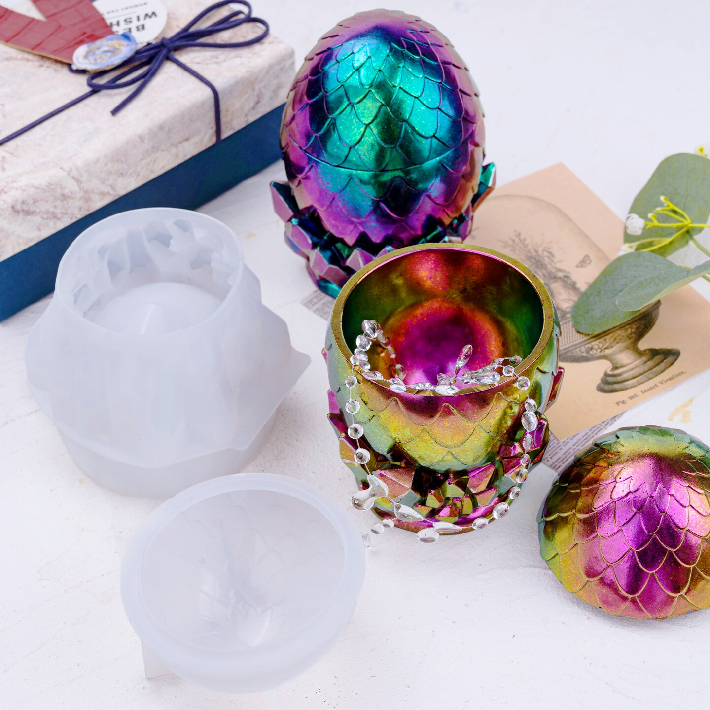 LET&#x27;S RESIN Dragon Egg Resin Molds, Large Resin Jar Resin Epoxy Molds with Lid and Crystal Cluster Base, Lifelike Dinosaur Egg Silicone Molds for Epoxy Resin, DIY Craft