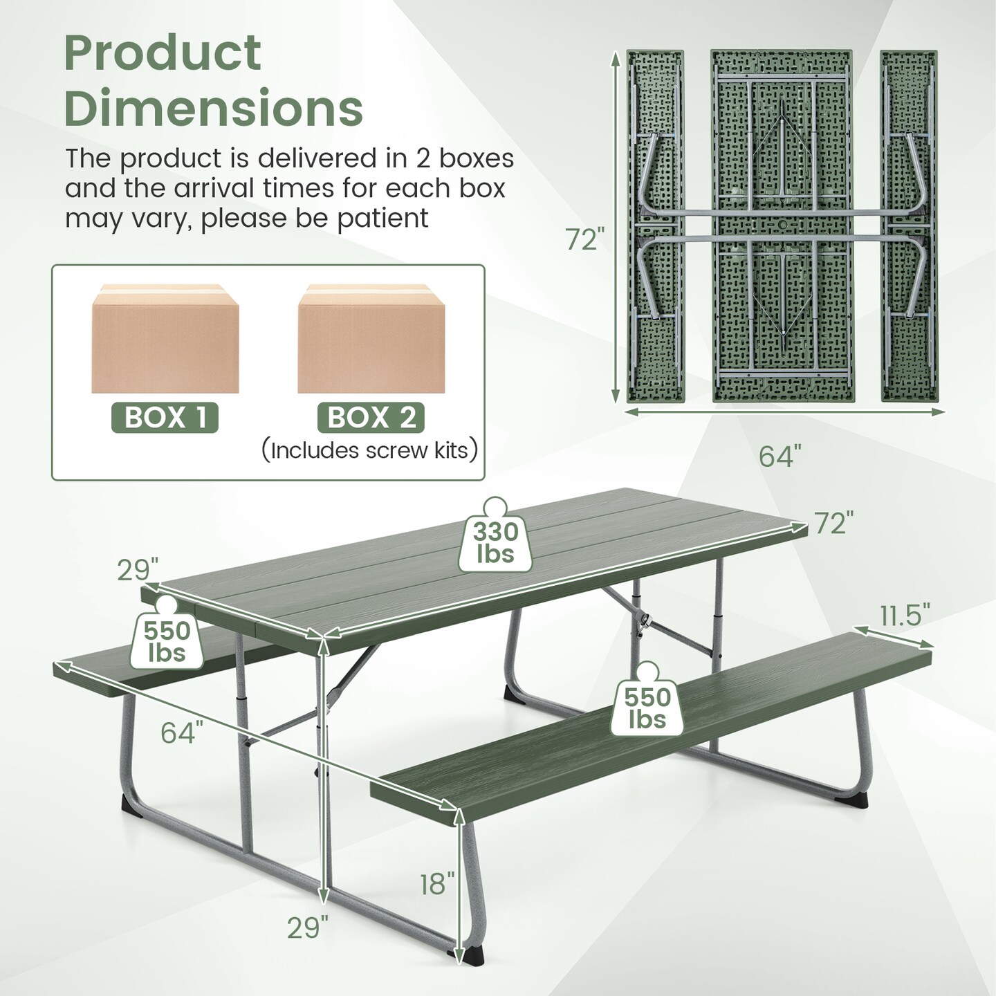 Folding Picnic Table Set with Metal Frame and All-Weather HDPE Tabletop, Umbrella Hole - 72&#x22; x 64&#x22; x 29&#x22; (L x W x H)