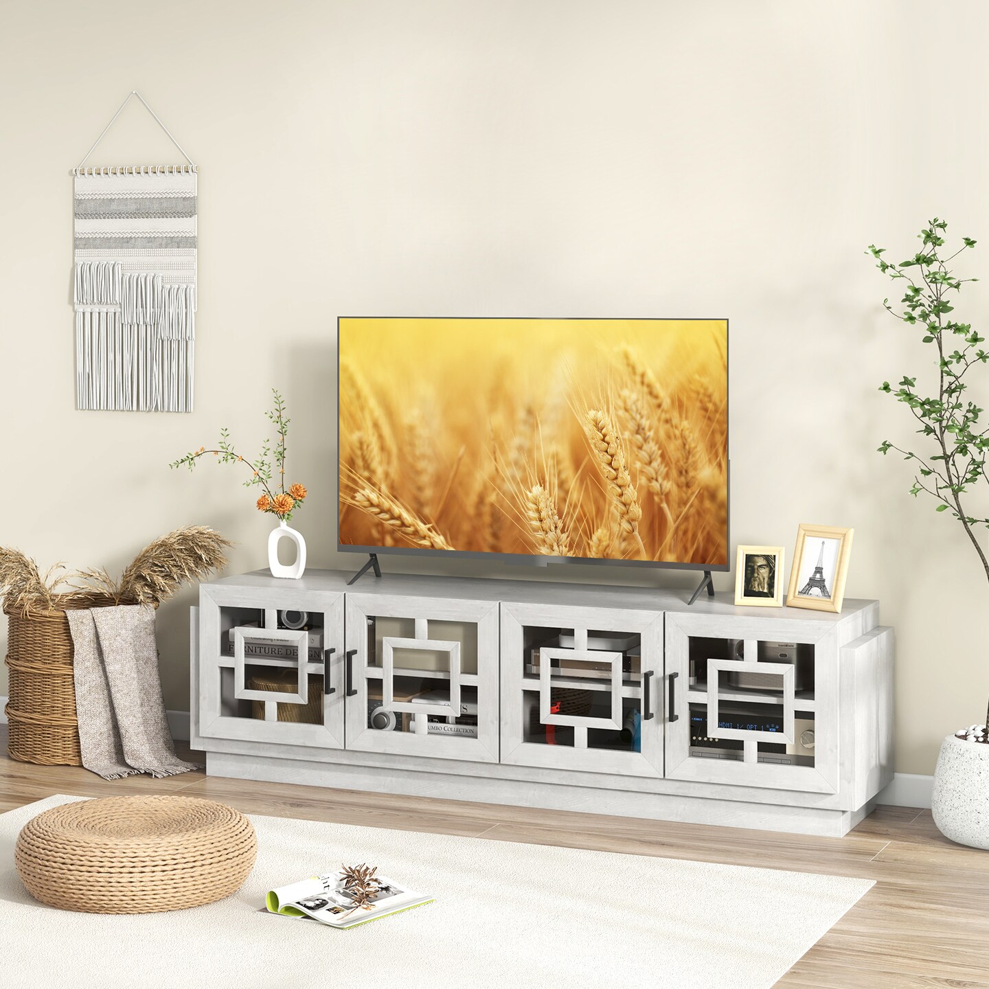 Large TV Stand for 75 Inch TV Media Console 4 Door Cabinet with Cable Management Oak White