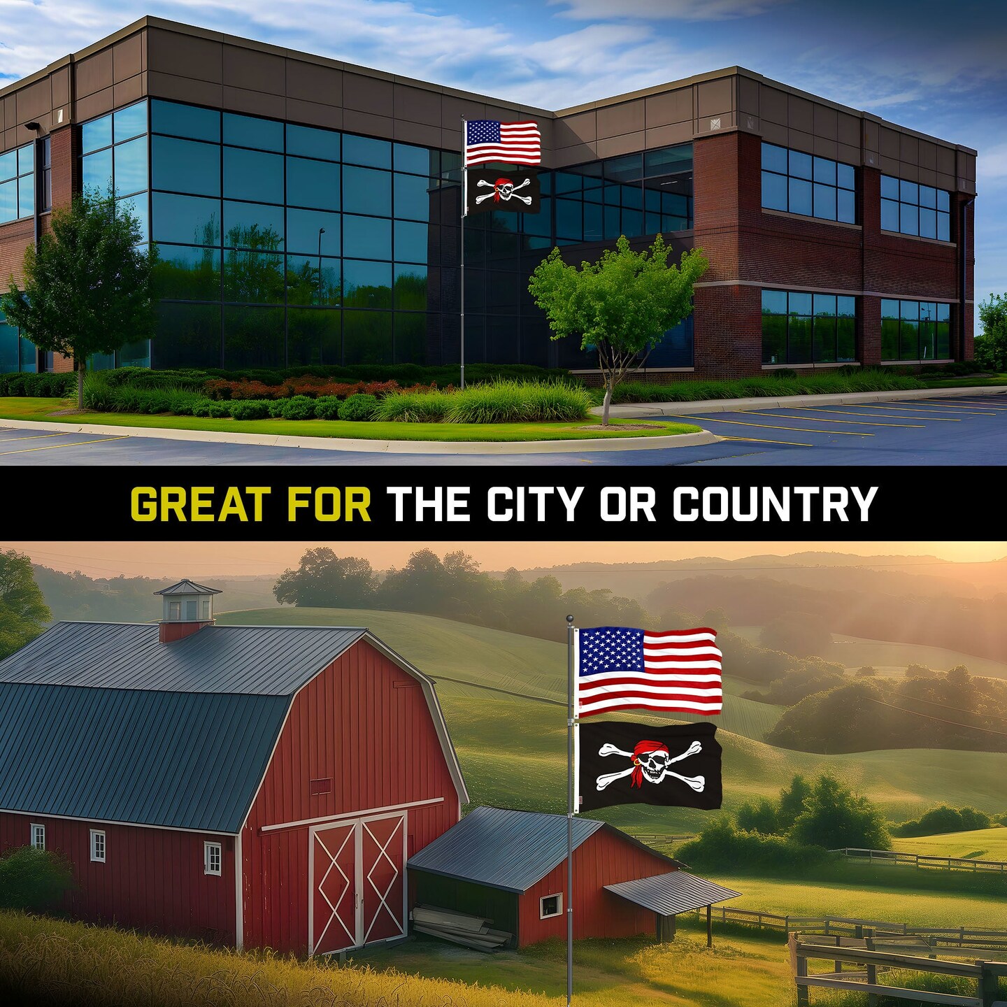 G128 Combo Pack: 20 Ft Telescoping Aluminum Flagpole (Black) &#x26; American and Pirate Jolly Roger Head Scarf Flags 3x5 Ft, Both ToughWeave Series Embroidered Polyester | Pole with Flags Included