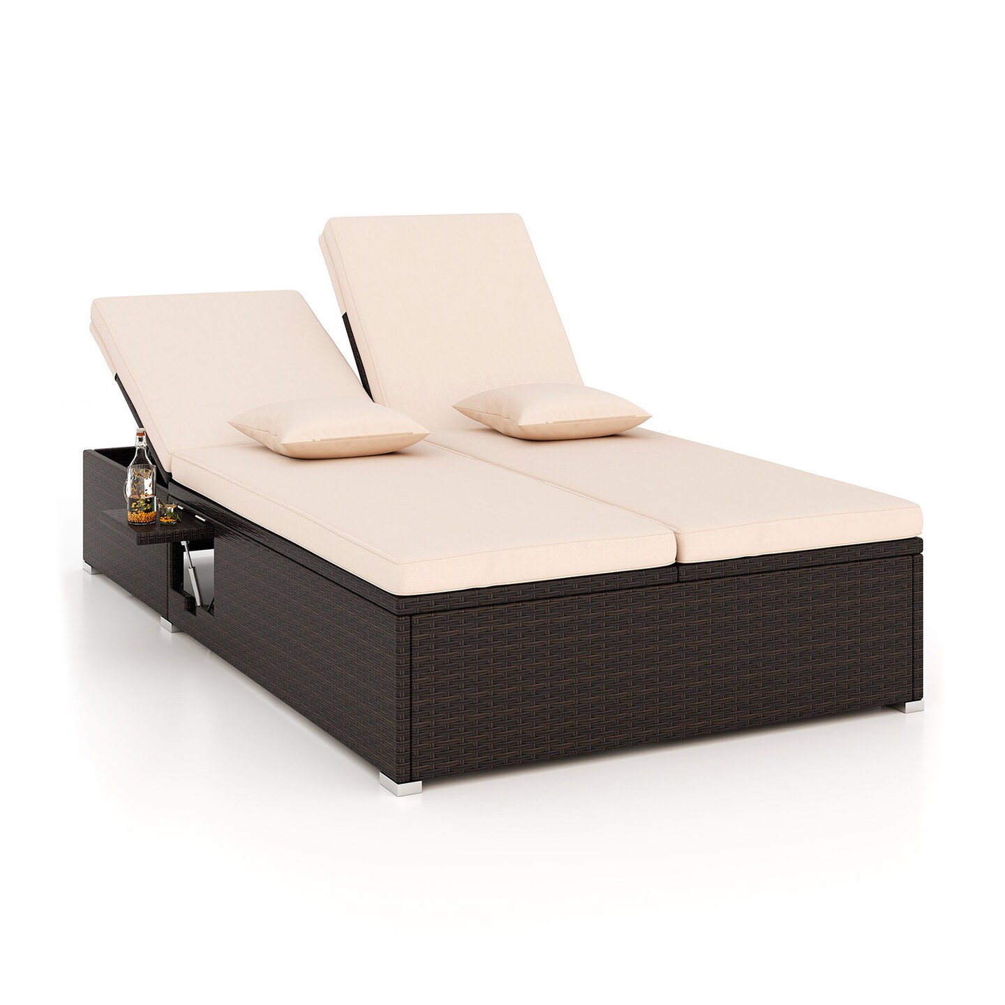 Outdoor Double Chaise Lounge PE Rattan 2 Person Adjustable Recliner Daybed Set Beige
