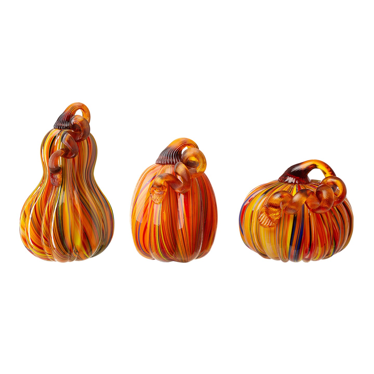Set of 2/3 Handmade Mouthblown Multi Striped Glass Pumpkin &#x26; Gourd