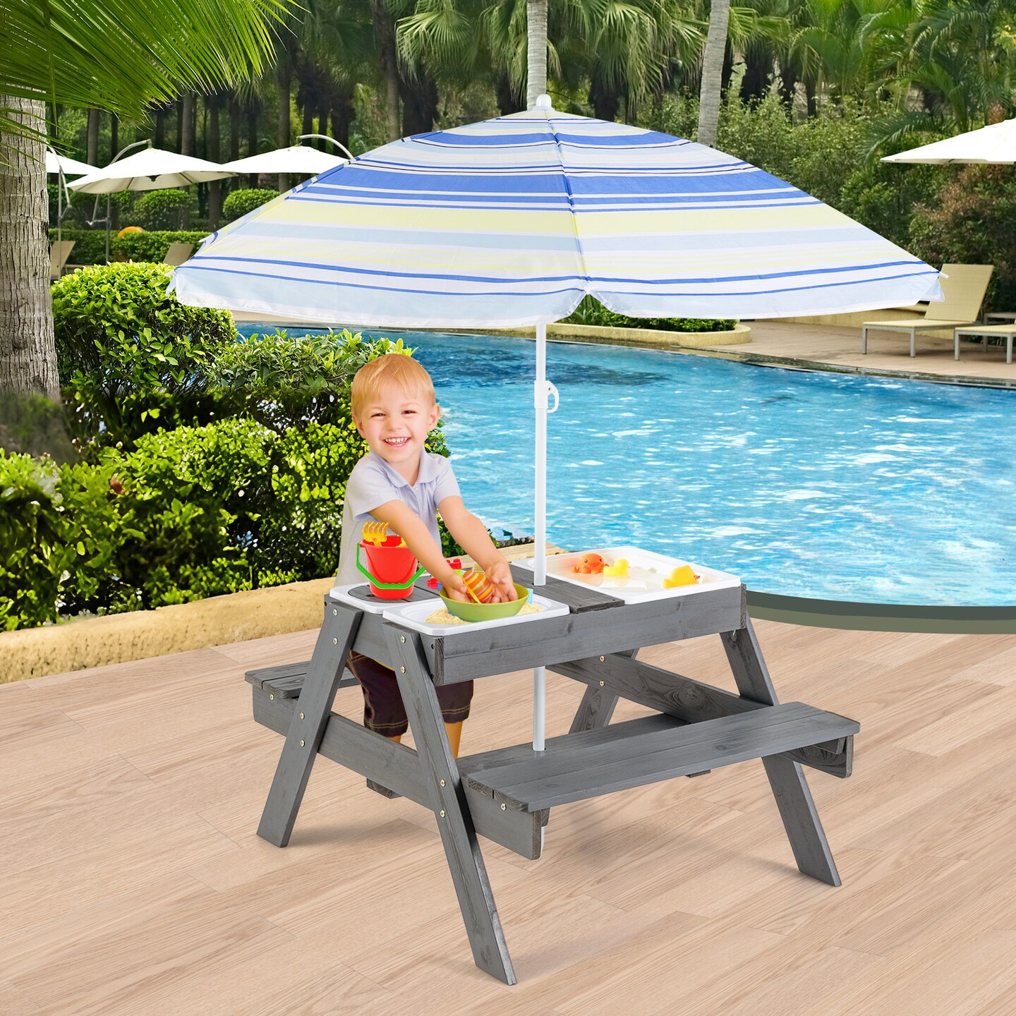 Grey Kids Picnic Table Set with Umbrella 3 Storage Bins Table Bench 38 Inch