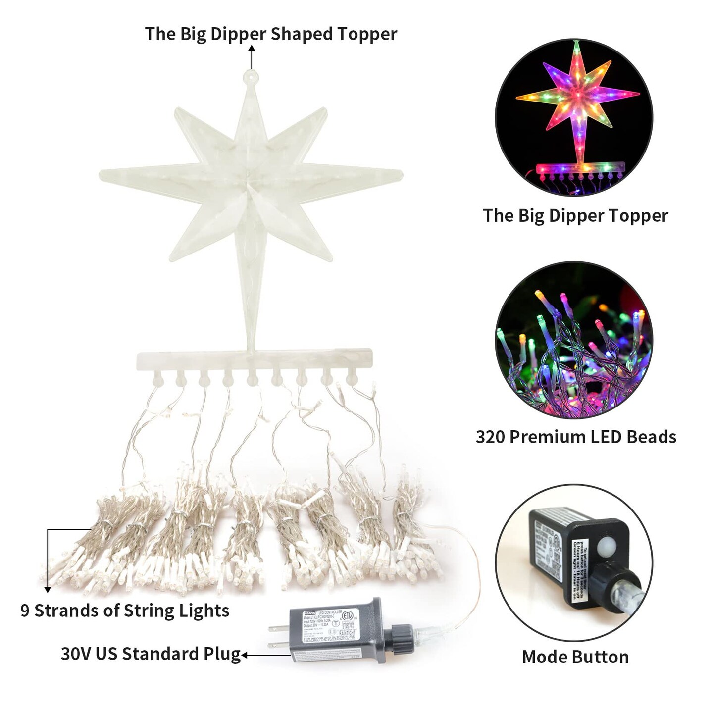 ZhenQiu Outdoor Christmas Decorations Lights, 320 LEDs Dipper Star String Lights with 13&#x22; Topper Star, Plug in Waterproof Hanging Fairy Lights for Xmas New Year Holiday Party Yard Patio Decor