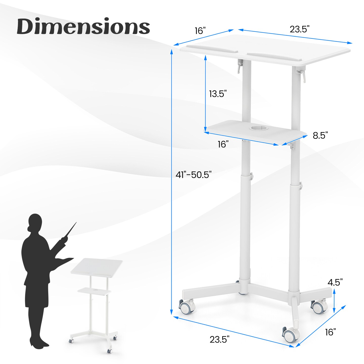 Mobile Lectern Podium Height-adjustable Rolling Laptop Cart with Tilting Top Storage Tray