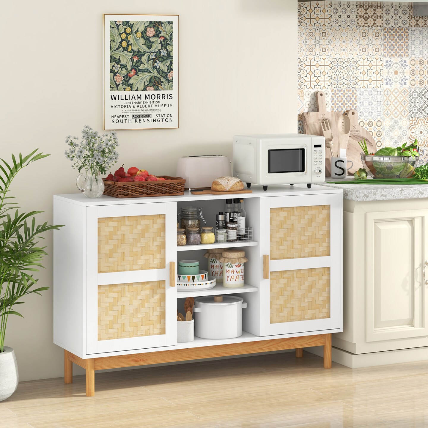 48 Inch Sideboard Buffet Cabinet Floor Storage Cabinet with 2 Bamboo Woven Doors-White