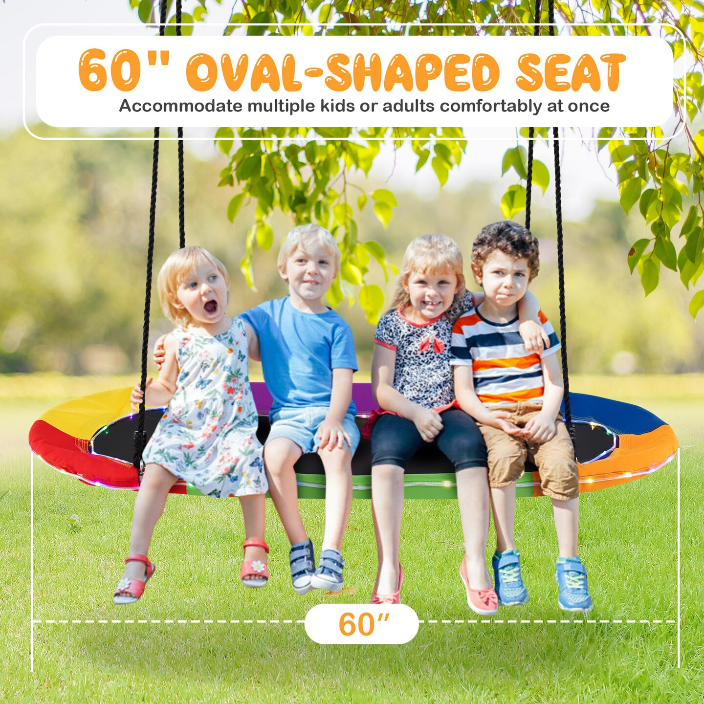 60-Inch Saucer Swing with LED Lights, Multicolor Swing for Kids and Adults - 60&#x22; x 32&#x22;(L x W)