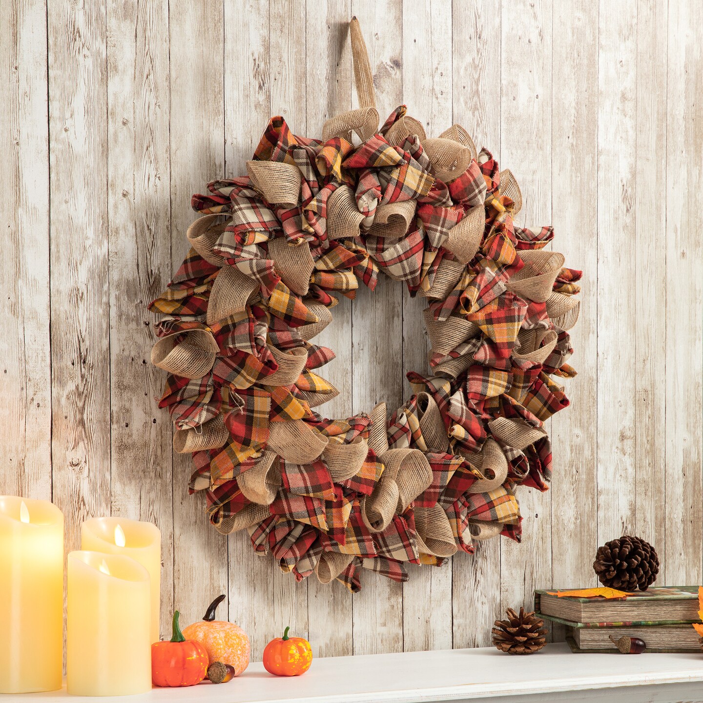 18.5&#x22;D Fall Doorway &#x26; Wall Fabric Plaid Wreath