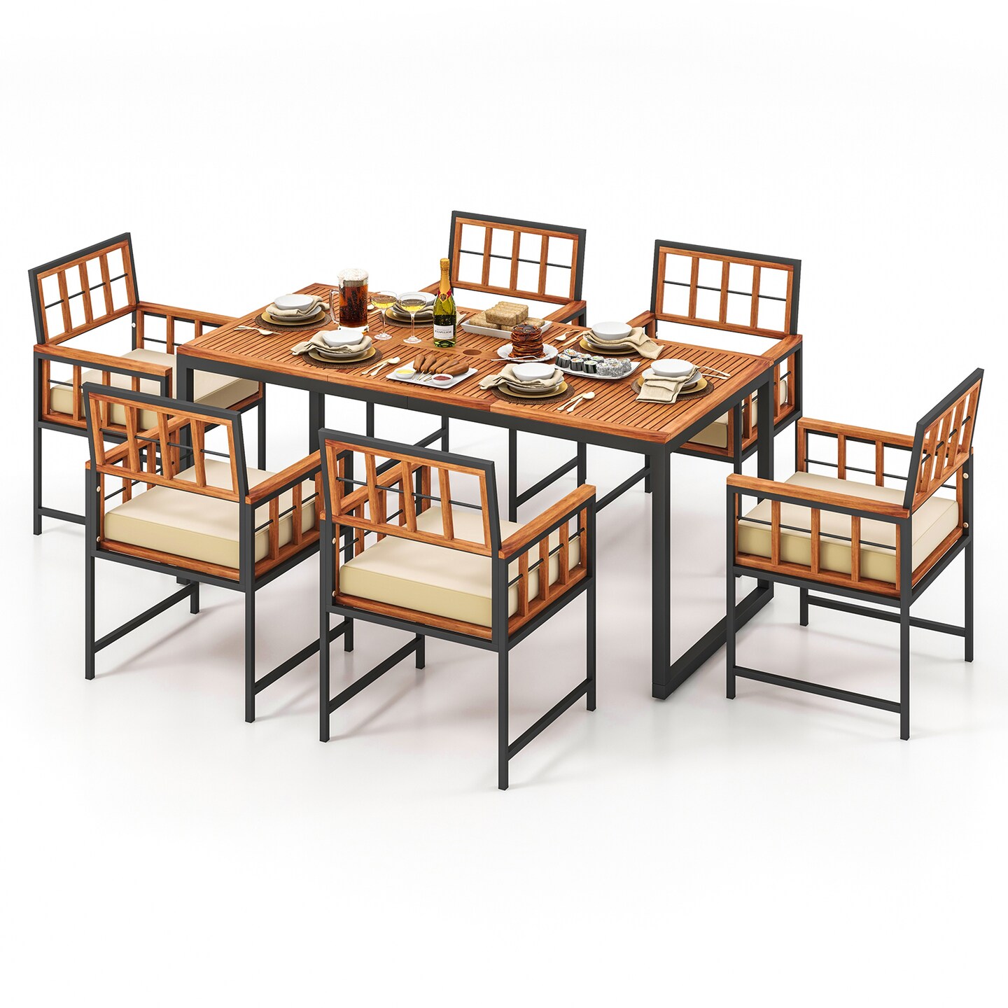 Natural Black Acacia Wood Metal 7-Piece Patio Dining Set Rectangular Table Armchairs Cushioned Seats