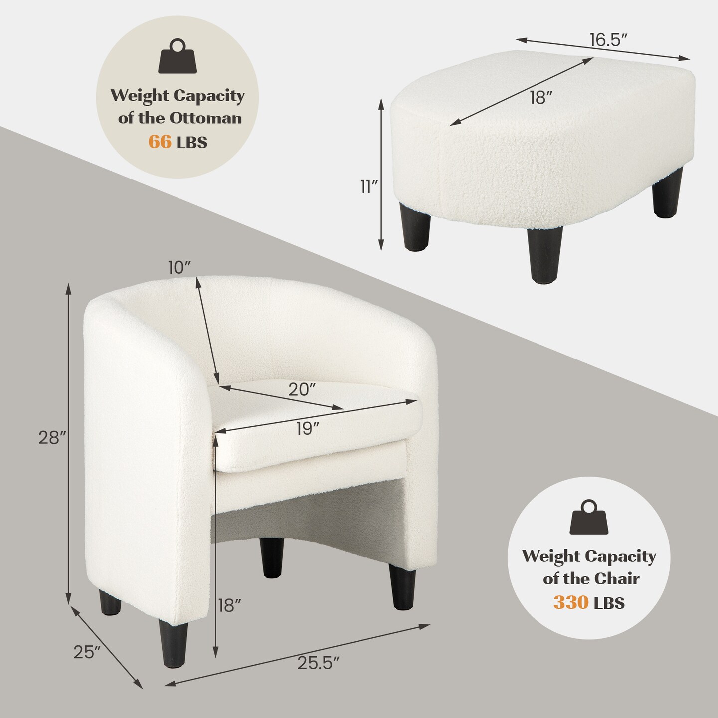 Modern Upholstered Barrel Teddy Velvet Chair with Ottoman - 25.5 x 25 x 28 (L x W x H)