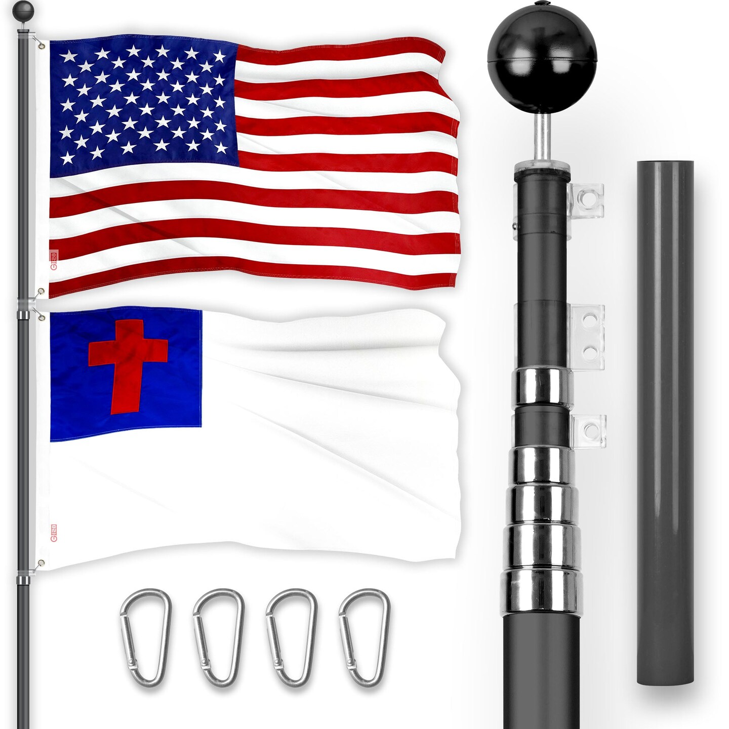G128 Combo Pack: 20 Ft Telescoping Aluminum Flagpole (Black) &#x26; American and Christian Flags 3x5 Ft, Both ToughWeave Series Embroidered Polyester | Pole with Flags Included