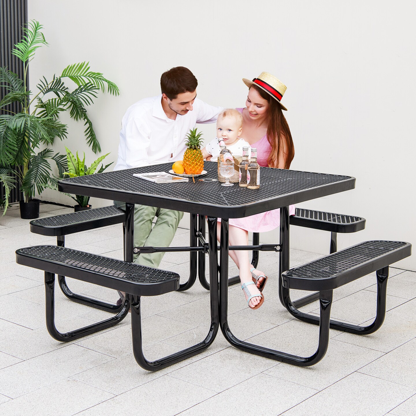 Square Picnic Table and Bench for 8 Person with Seats and Umbrella Hole - 76&#x22; x 76&#x22; x 30&#x22; (L x W x H)