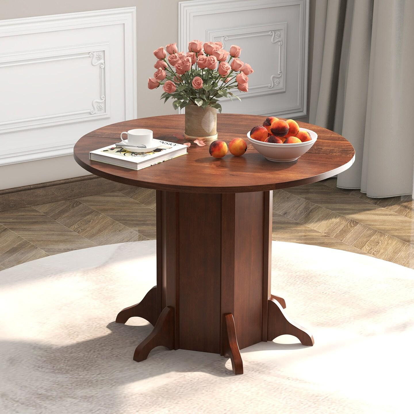 Round Dining Table with Pedestal Base for 4-6 People-Walnut - Walnut
