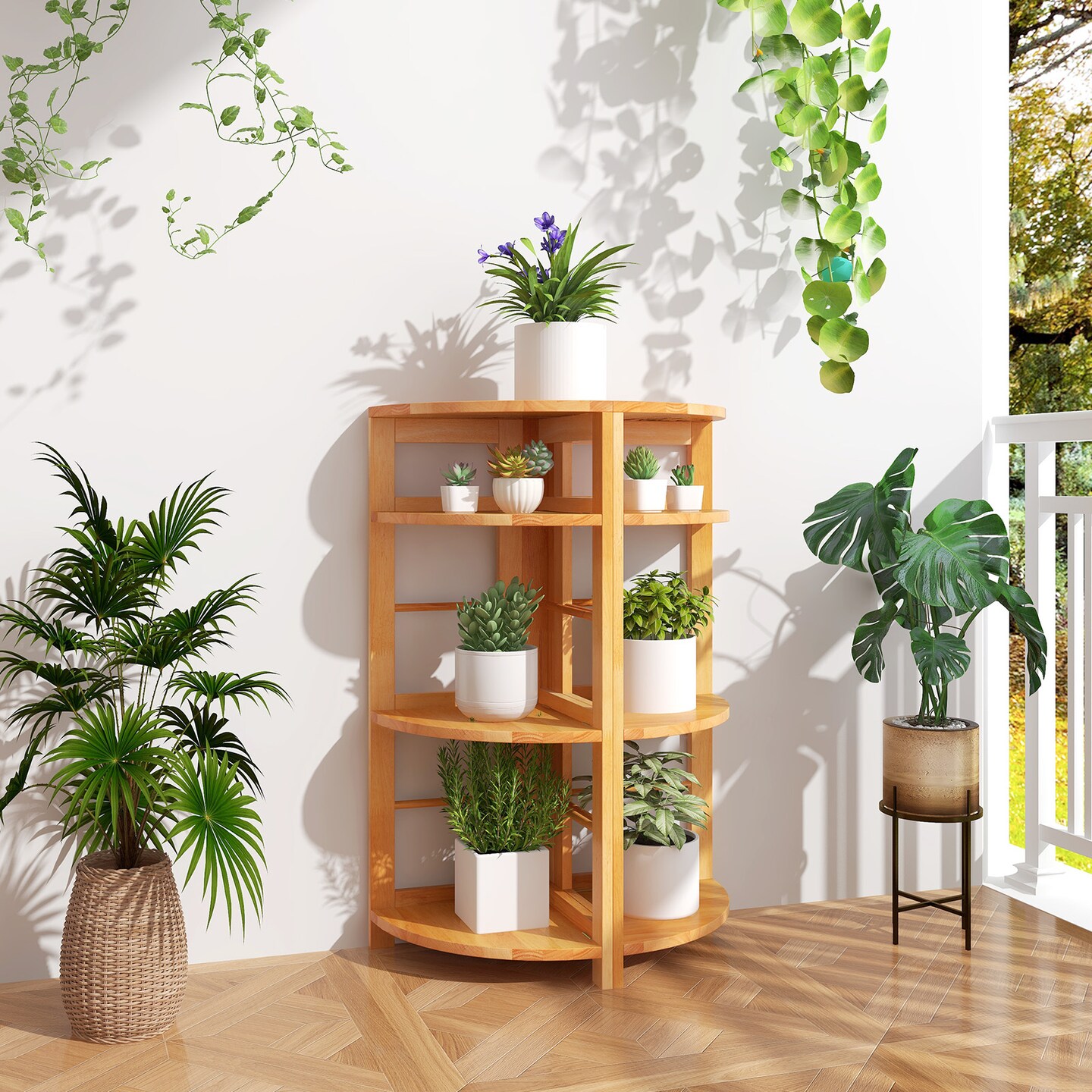 4-Tier Corner Shelf with Rubber Wood Frame and Anti-Toppling Kit - 12&#x22; x 12&#x22; x 34&#x22; (L x W x H)