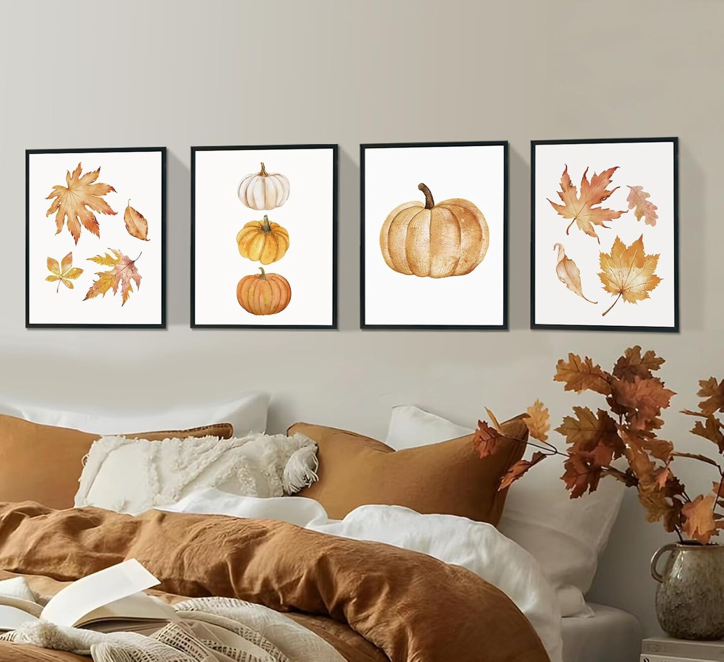 Fall Pumpkin Maple Leaf Wall Art Prints Set of 4 - Simple Vintage Pumpkin