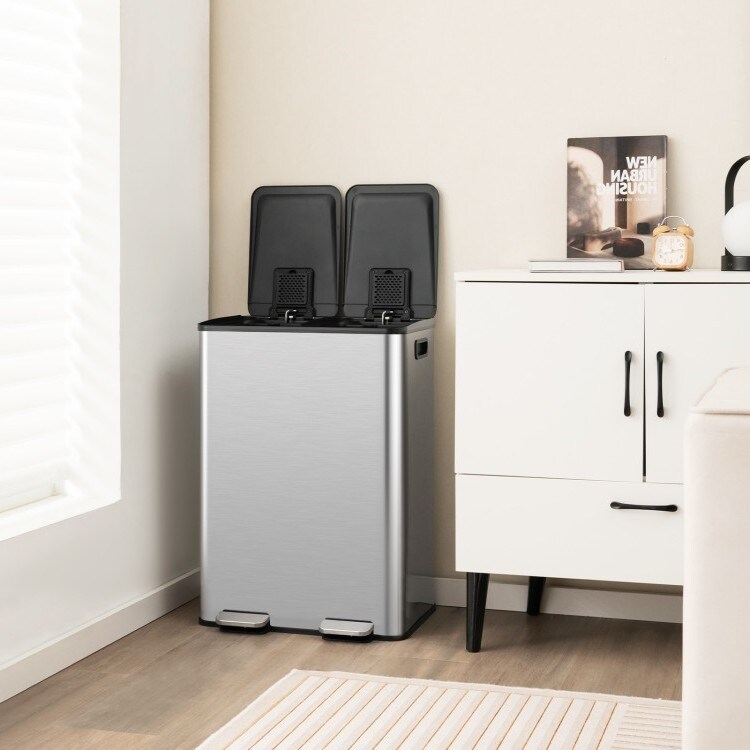 Silver Stainless Steel Dual 8-Gallon Trash Can with Step Pedal, Deodorizer and Slow Close Lid